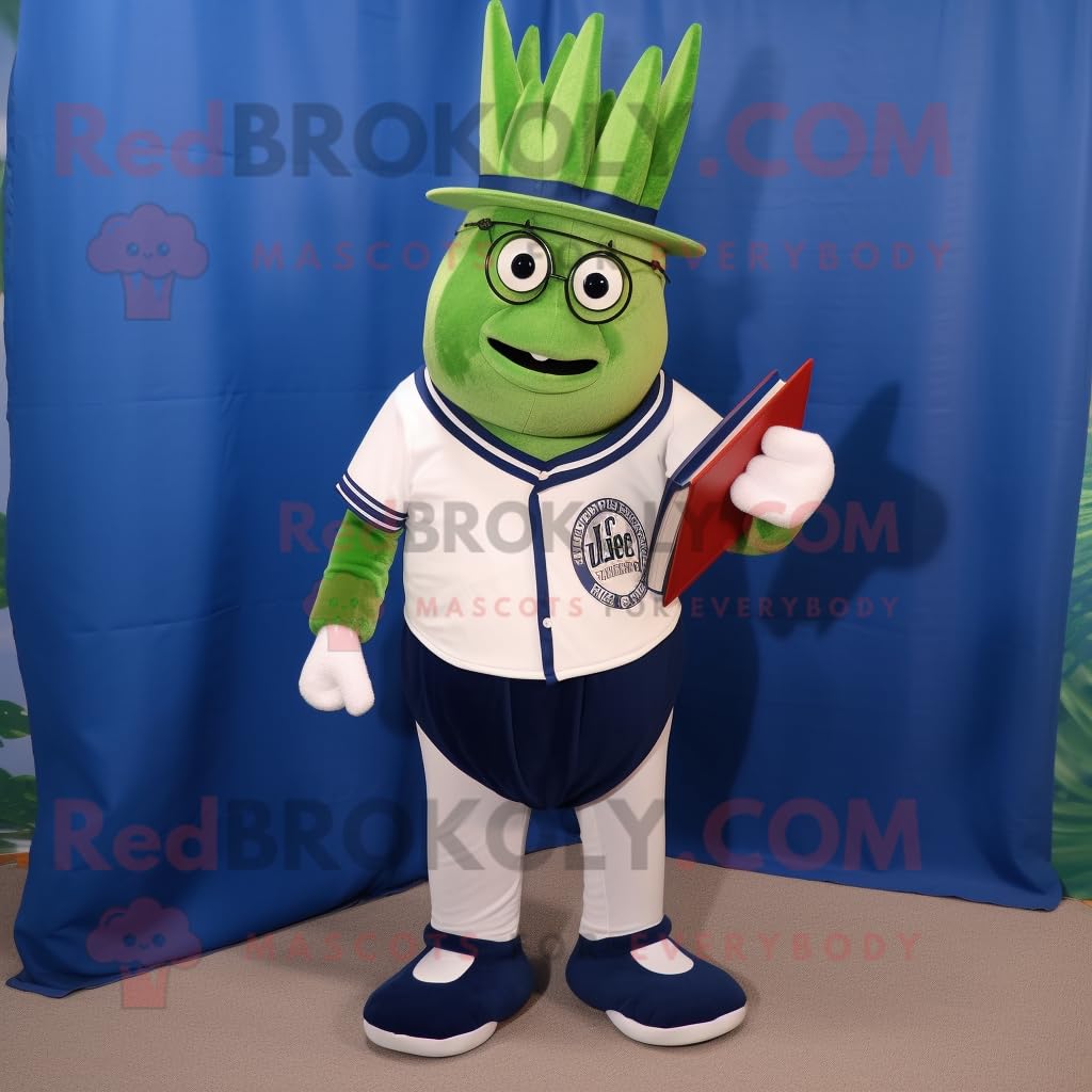 Marineblaues Spargel-Maskottchen-Kostüm, gekleidet mit Baseball-T-Shirt und Lesebrille