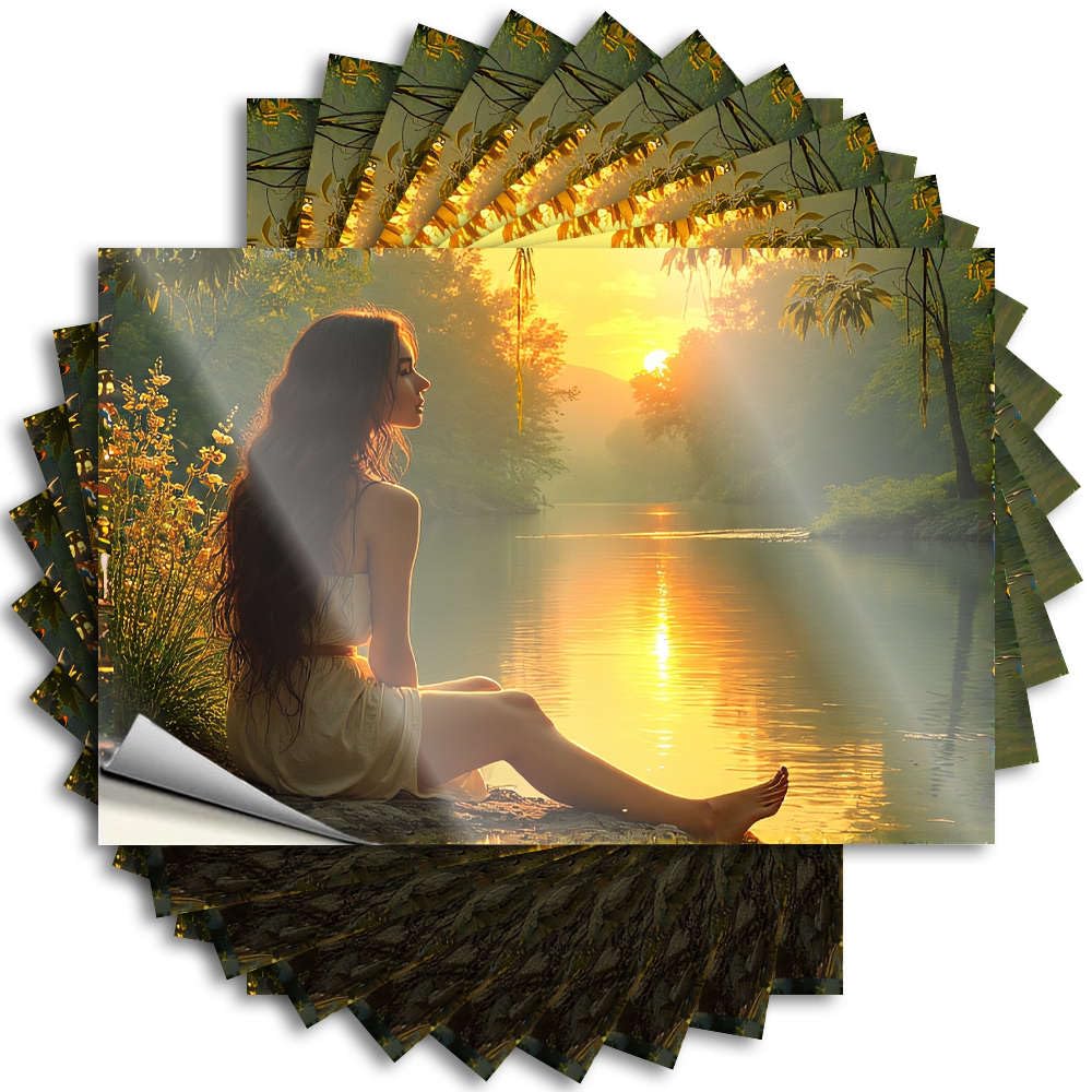 Vintage Kitchen Accessories Lettering Sticker Durable Door | A Woman Sits By A Serene Lake, Bathed in Golden Sunlight. Half Self Adhesive Sticker for Motorcycle DIY(12X18CM)