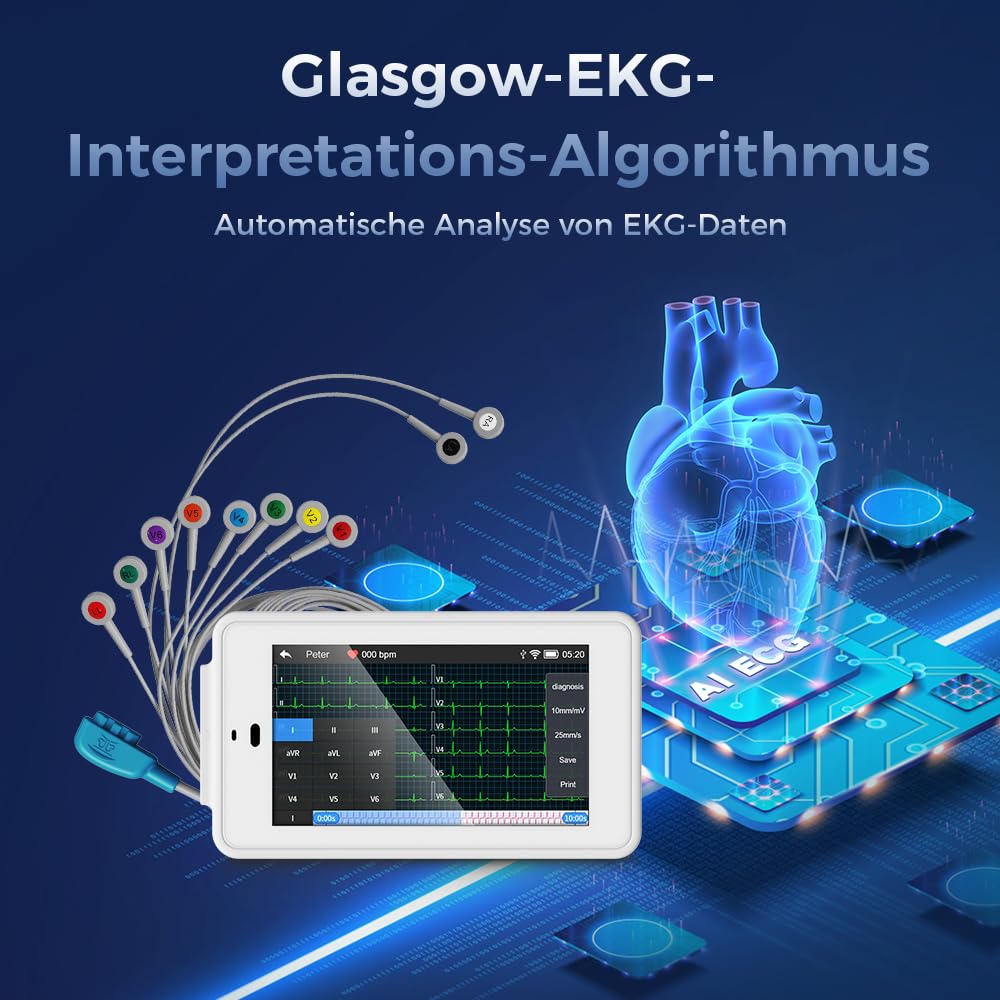 Wellue PG12 ECG professionale a 12 derivazioni, dispositivo ECG digitale con algoritmo di Glasgow, acquisizione e analisi dei dati ECG in tempo reale, trasferimento dati WIFI e stampa dei report