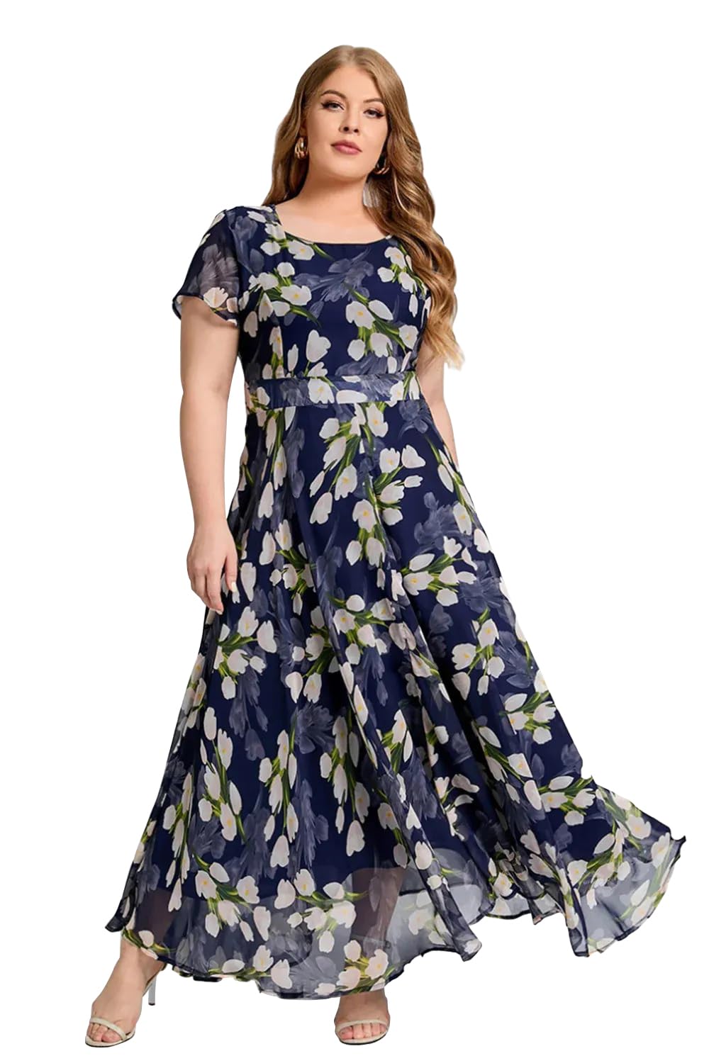 shasmi Women's Navy Blue Georgette Digital Floral Printed Floral Printing Short Sleeve A-Line Maxi Gown Dress for Women (Gown Dress 248)-picture-14