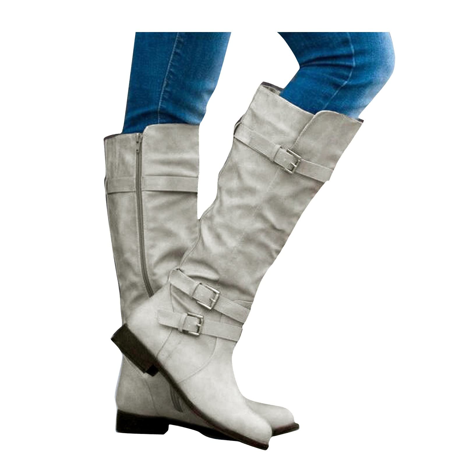 Botas hasta la Rodilla de Moda para Mujer Botas de Montar para Mujer Botas Ligeras para Caminar Botines con Hebilla de cinturón de Color sólido con Estilo Zapatos cómodos y cálidos con Cremallera