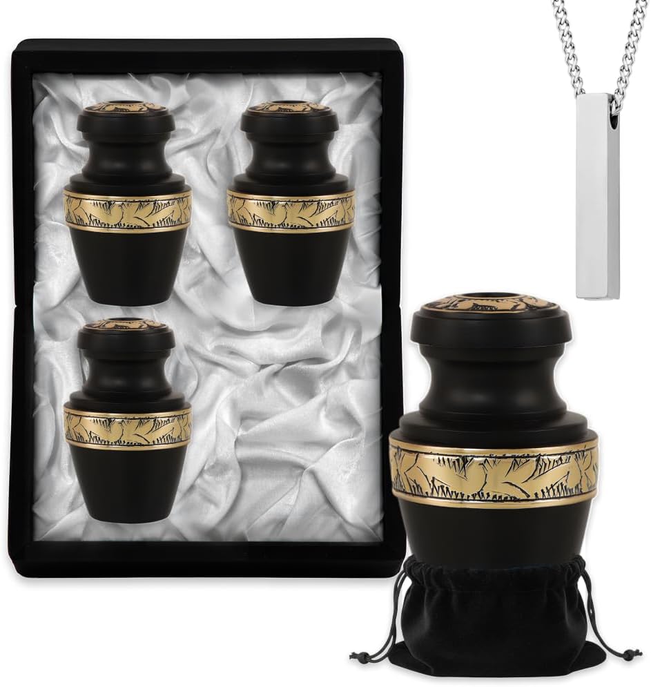 Black and Gold Urns for Human Ashes – Adult Female Memorial Set of 5 with 4 Keepsake Urns & Necklace