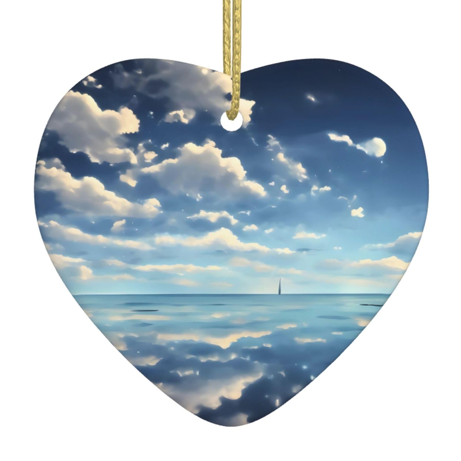 White Clouds Over The sea Ceramic Christmas Heart Pendant with Silk Thread, Christmas Tree Home Decoration