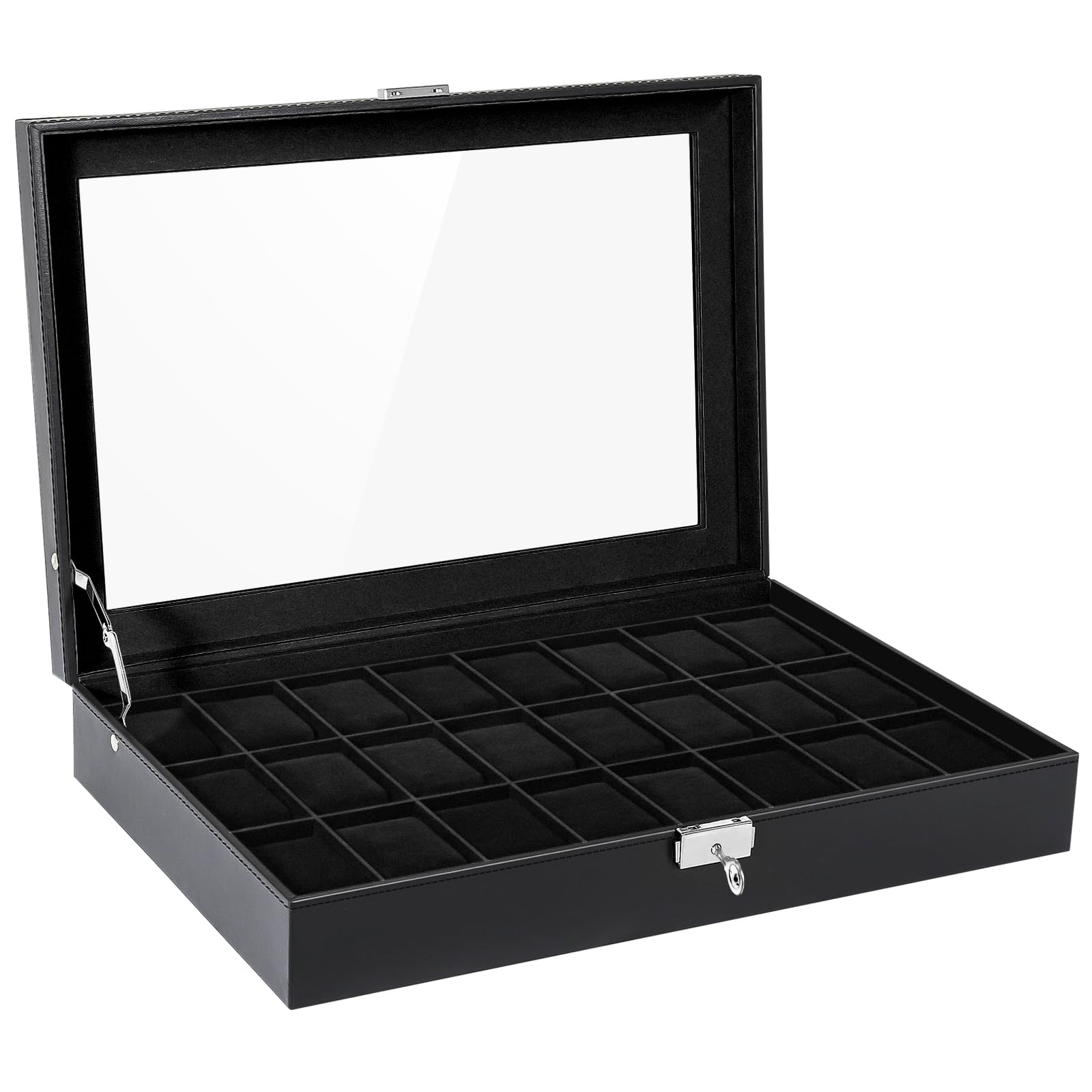 Uten Boîte à Montres 24 Compartiments, Coffret à Montres en PU, Couvercle en Verre, Coffret de Rangement pour Montres, Doublure en Velours Noire, Idée Cadeau