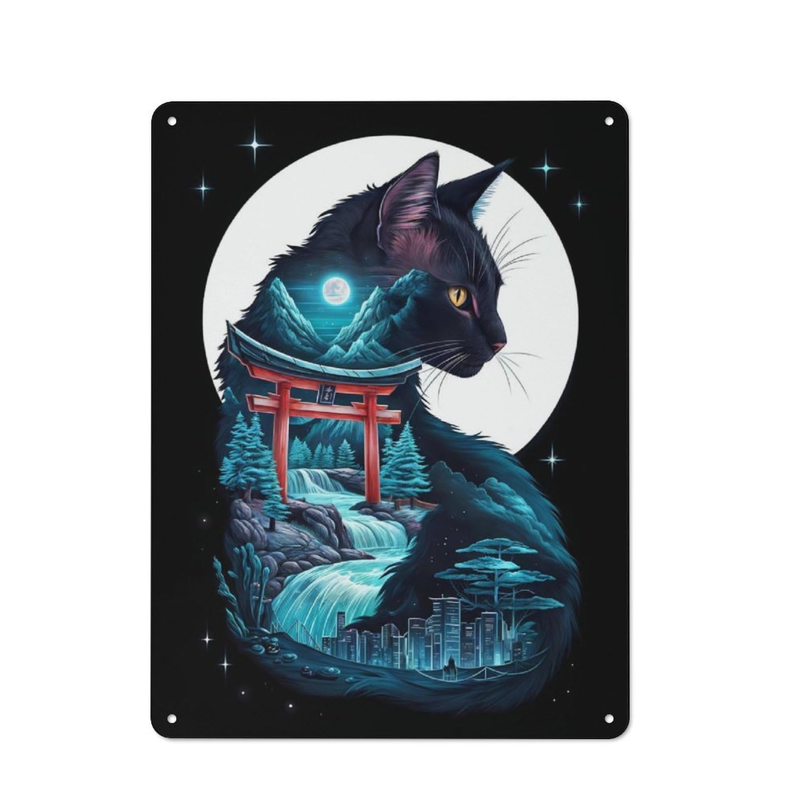 Industrial Cat Silhouette Torii Gate Decorative Metal Plaque 40x30cm, Studio Wall Art for Flat, Bar, Studio Or Gallery Wall