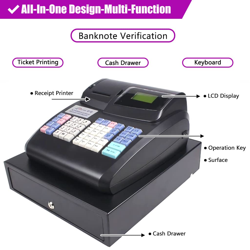 Caisse enregistreuse électronique avec Clavier Plat, Caisse enregistreuse Commerciale à 48 Touches avec Tirelire et imprimante Thermique, pour Centre Commercial,Black