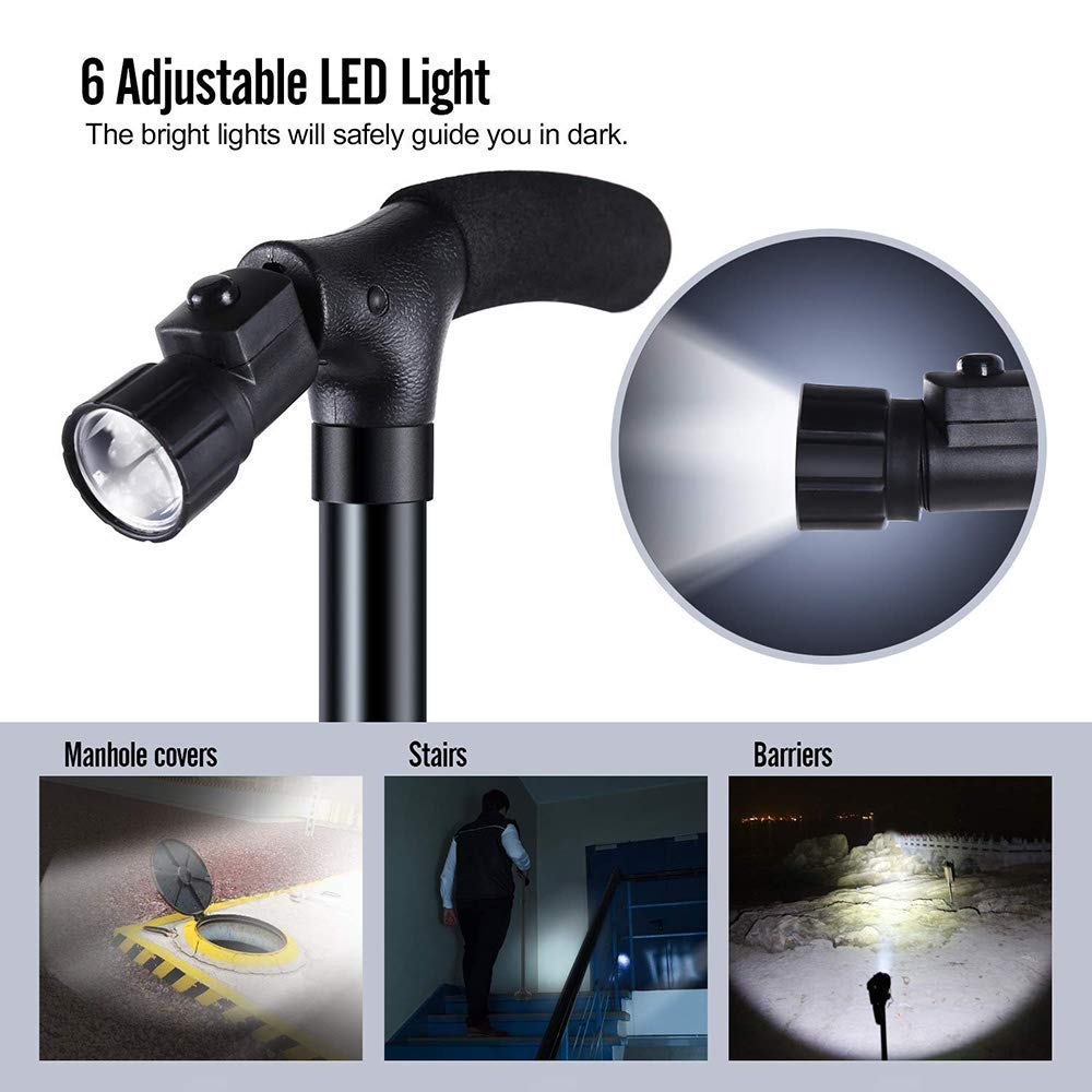 Bastón LED Plegable Bastones de Viaje Plegables Ajustables con luz LED y 5 Niveles Altura Ajustable Plegable Ligero para Hombres Mujeres Ancianos (Negro) Interesting