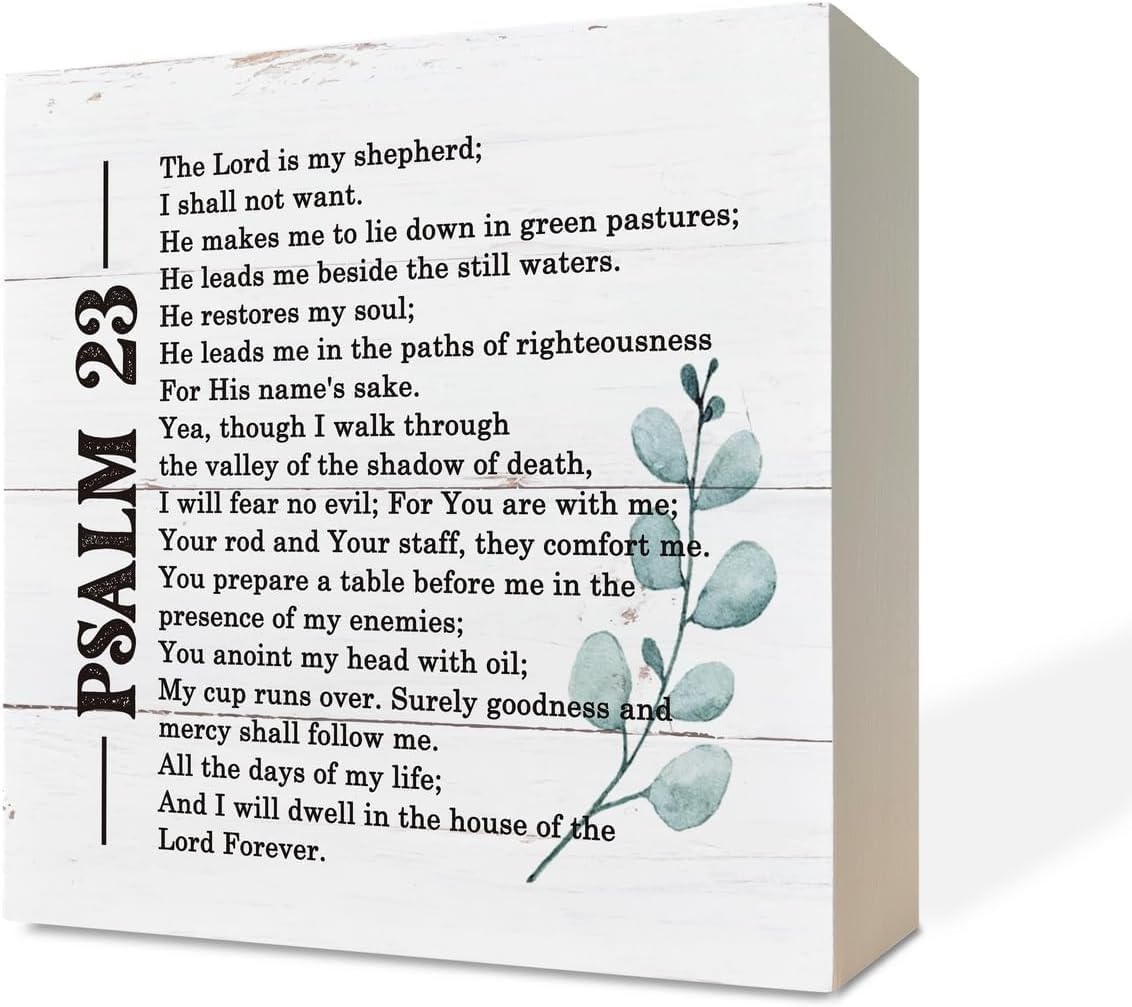 Bdeyfg Women's Wooden Box3 Christian Psalm 23 Scripture Family Living Room Decor Wood Box Sign Rustic Wood Plaque Farmhouse Block Sign Rustic Home Decor Office Tabletop Desk Decor Gift For Men 5X5 Inches