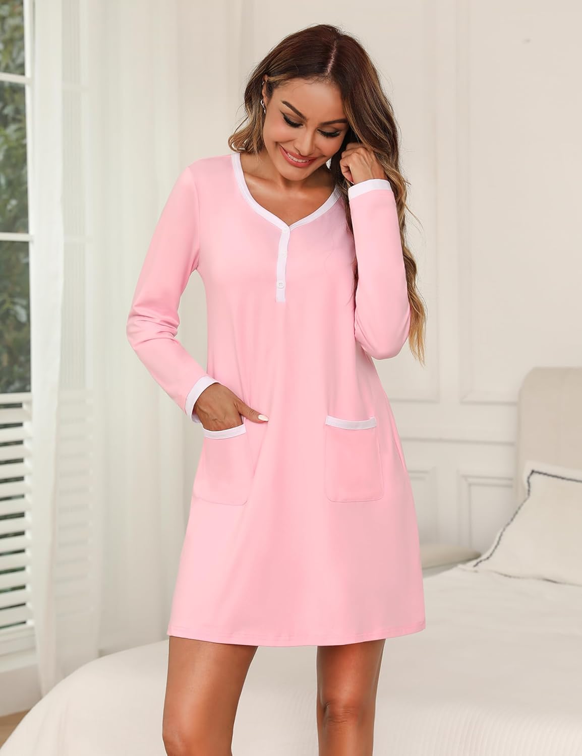 Marvmys Women's 2 Pack Nightgown Long Sleeve Henley Sleepshirt Soft Short Pajama Dress with Pockets - Image 9