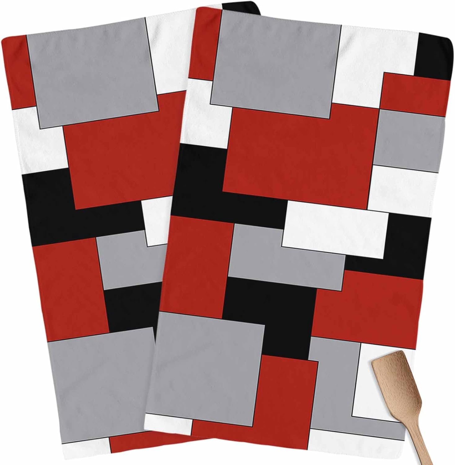 2 Packs Kitchen Towels and Dishcloths Sets, White Grey Black Red Abstract Irregular Geometric 18 x28 Inch Cotton Dish Towel, Absorbent Quick Drying Hand Towels for Living Room Kitchen Decor Tea Towel