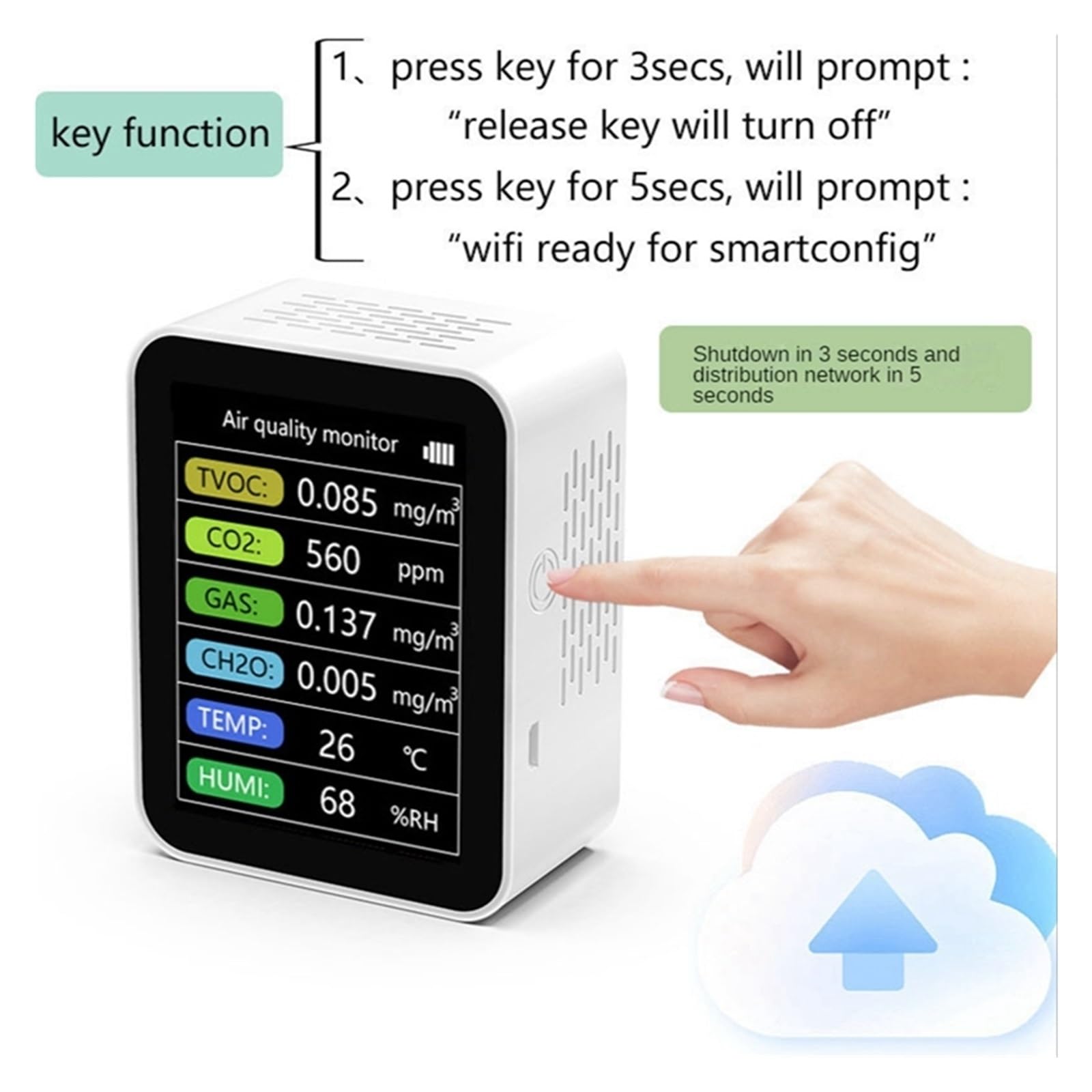 Sensore rilevatore di CO2 Smart Monitor a qualità 'aria TVOC Rilevatore misuratore umidità a temperatura del gas CH2O,Alta Precisione