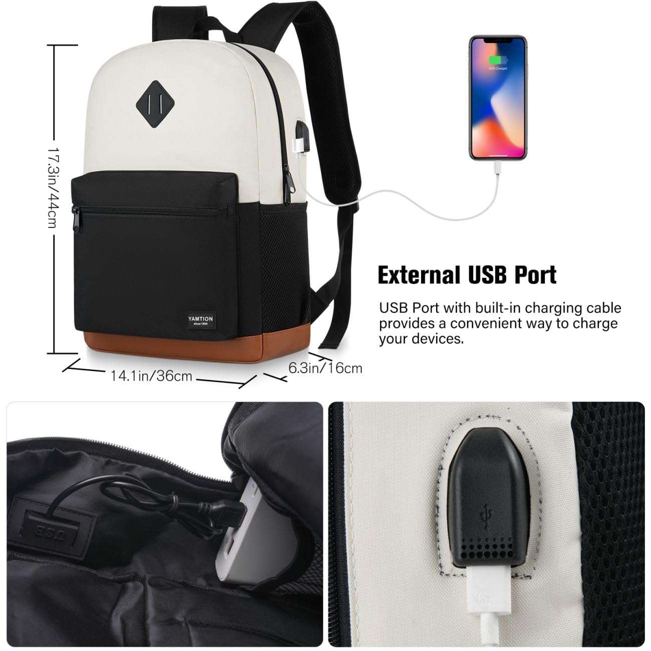 YAMTION Sac à Dos d'École pour Filles et Garçons,Sac à Dos pour Ordinateur Portable avec Port de Chargement USB pour Homme et Femme,Sac Scolaire Sac Lycée Cartable Collège Sacoche