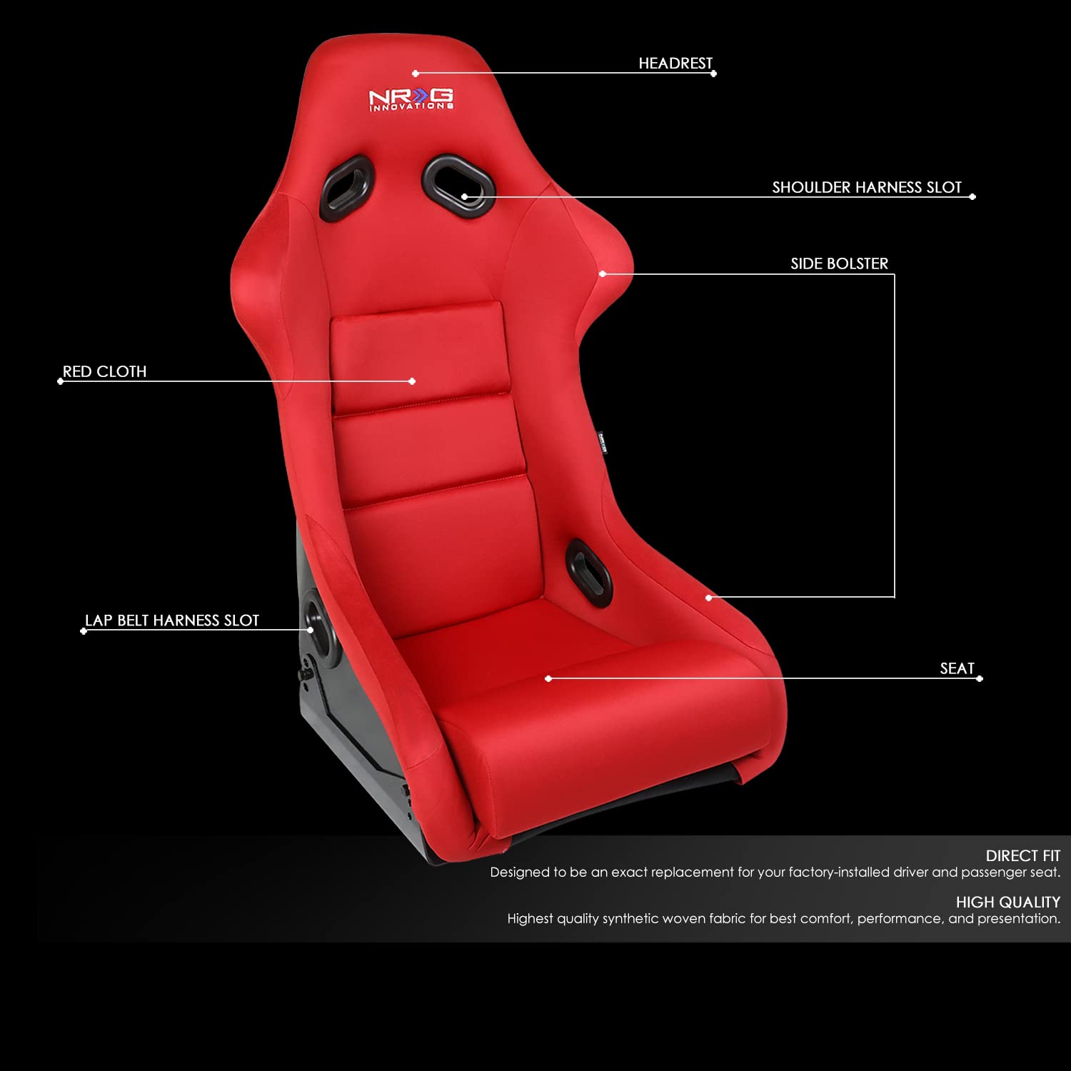 NRG Innovations NRG-FRP-300RD Fiber Glass Fixed Back Bucket Racing Seat(Large),4 pt Harness Compatibility, Red Seat Cover, 20