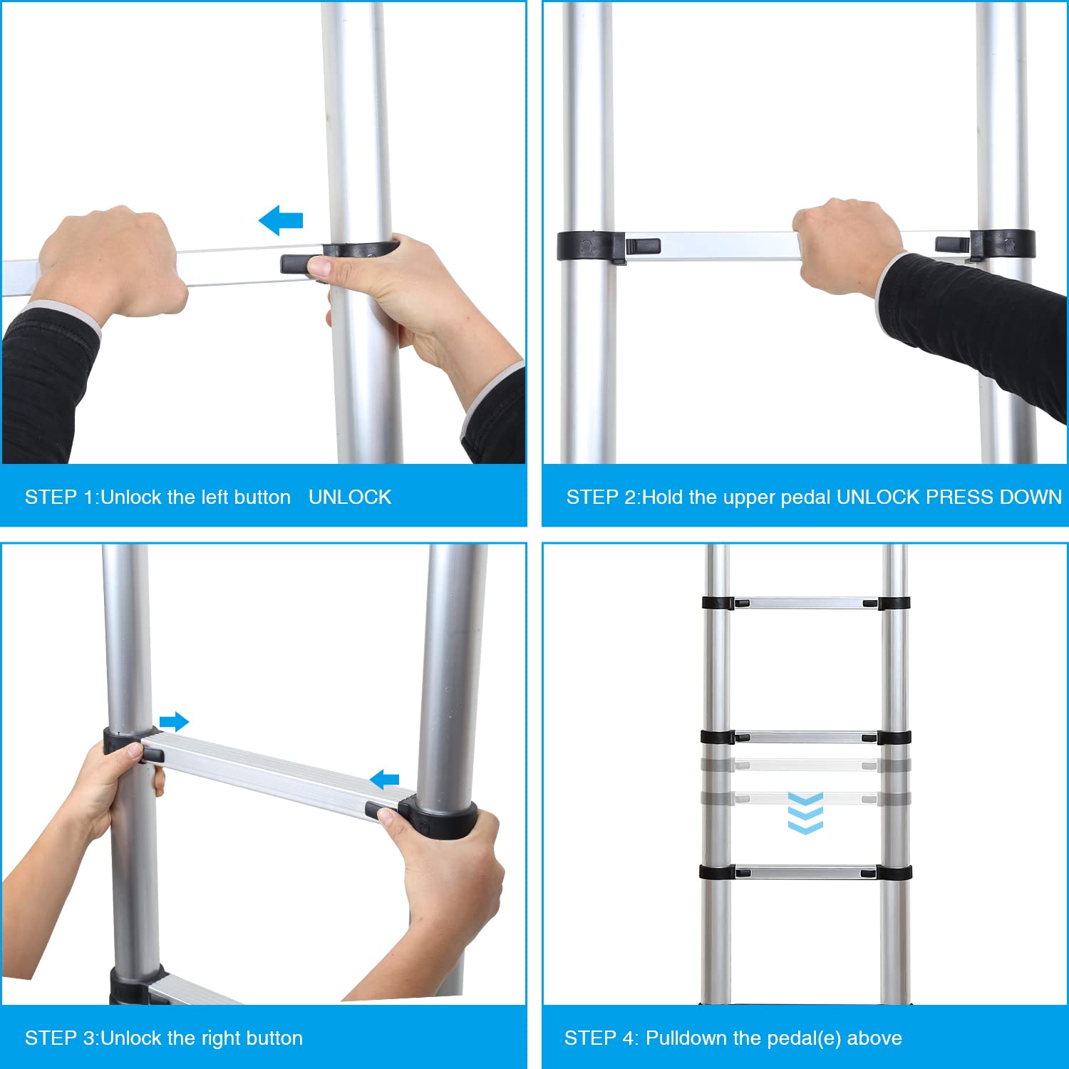 Aluminiowa drabina teleskopowa, drabina wysuwana, składana drabina stojąca, antypoślizgowa, wielofunkcyjna drabina domowa, nośność 150 kg, 3,2 m
