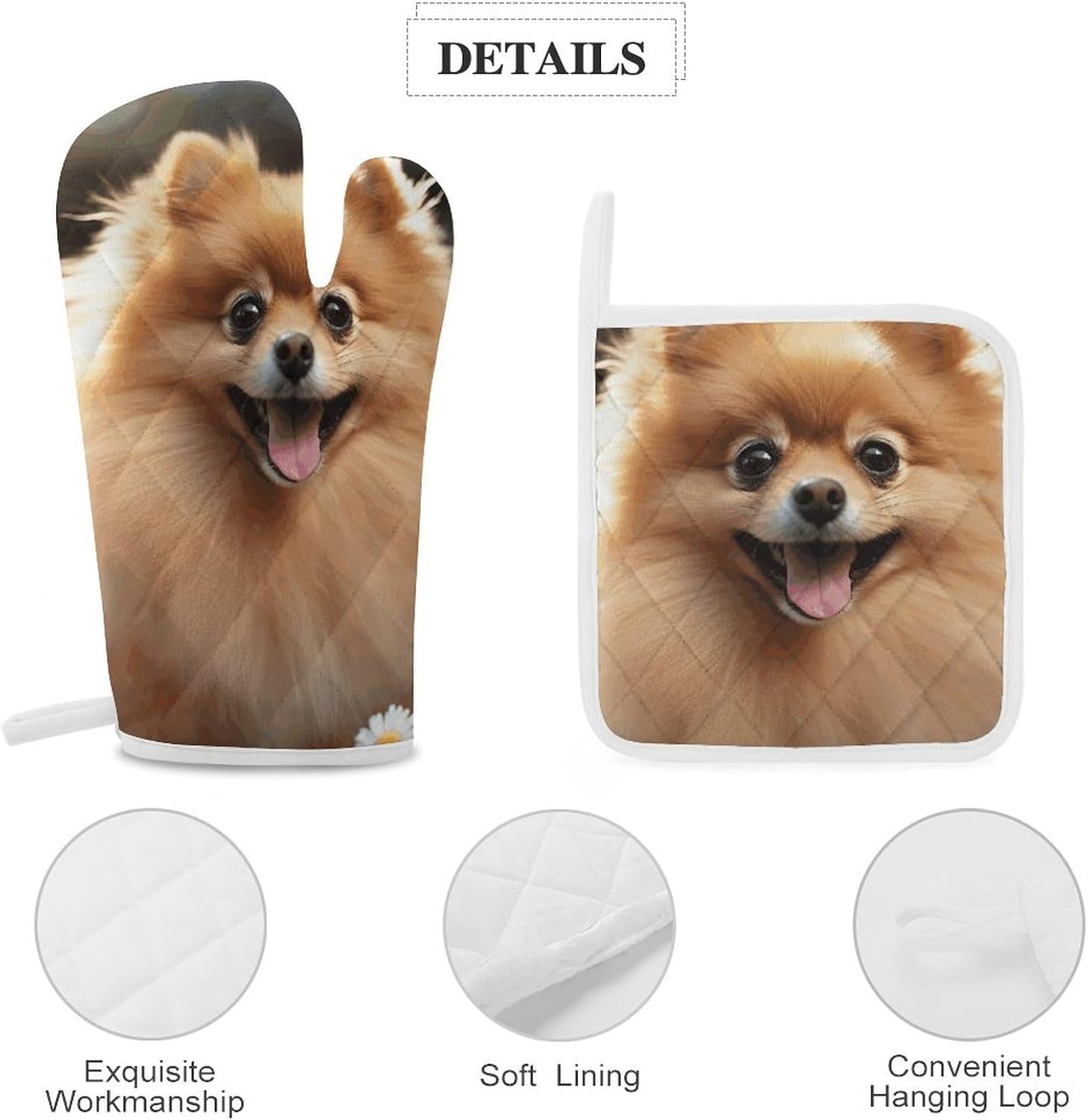 4-Piece Oven Mitts and Pot Holders Set Pomeranian Dog Printed Heat-Resistant Polyester Kitchen Gloves and Potholders Comfortable & Durable for Cooking Baking and Grilling
