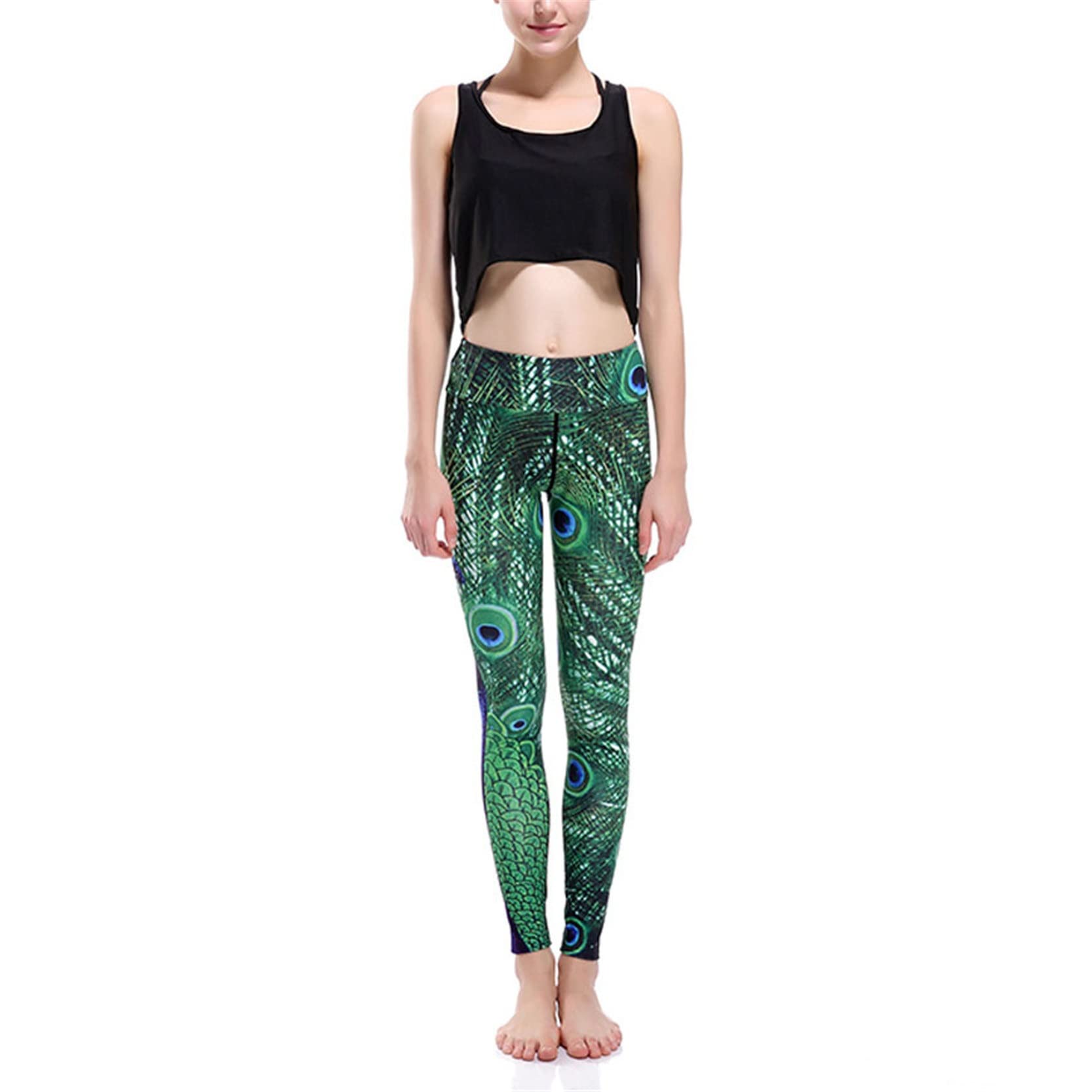 Leggins Mujer Push Up Pantalones Fitness Mallas, Pavo de pavo real Impresiones de plumas Leggings Longitud de tobillo Levantamiento de culo Pantalones de yoga Pantalones deportivos flacos Seco rápido