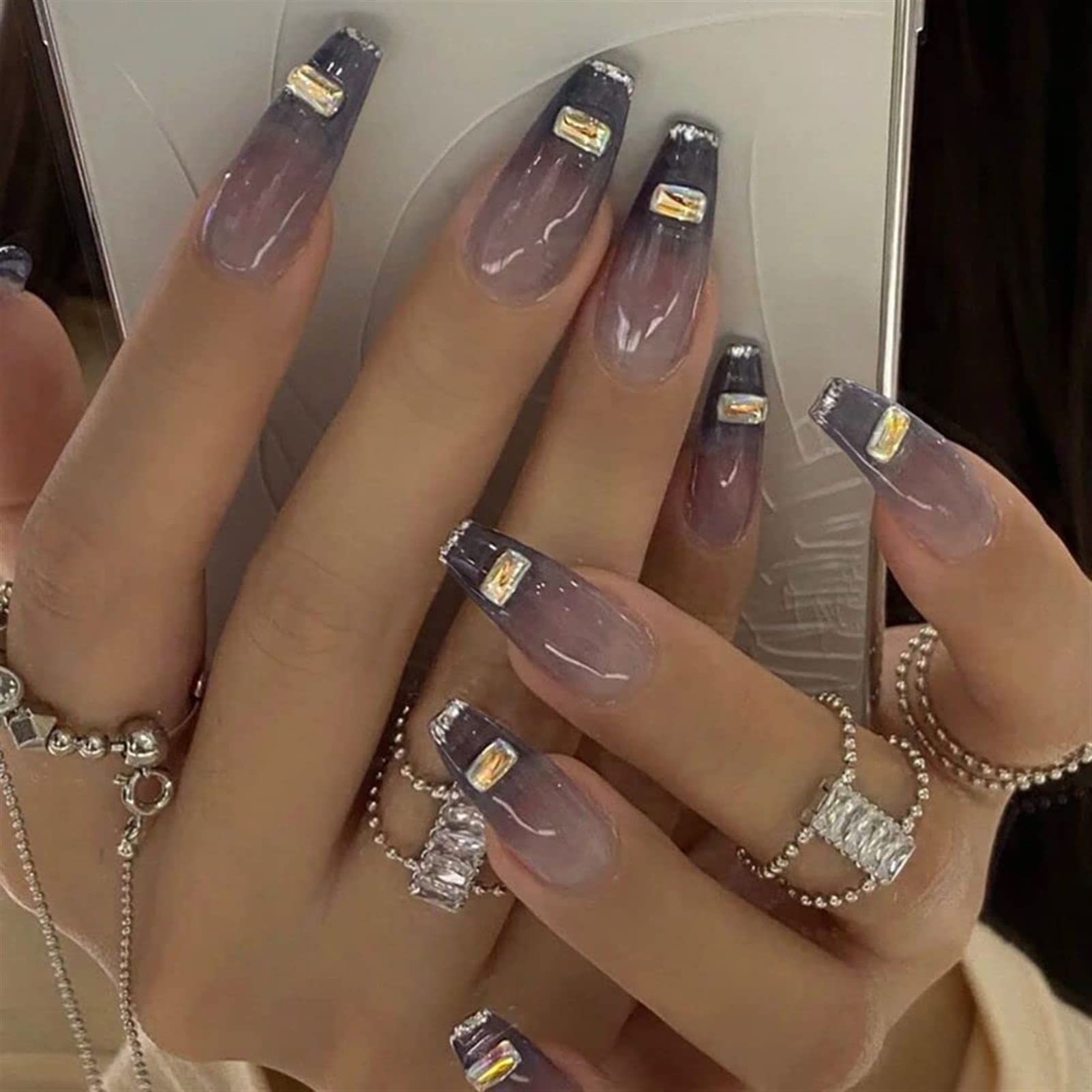 24pcs Press On Nail Medio Lungo Staccabile Jelly Gradient con Design Unghie finte Ballerina indossabile Unghie finte Copertura Completa Nail Tips per Le Donne Nails Art