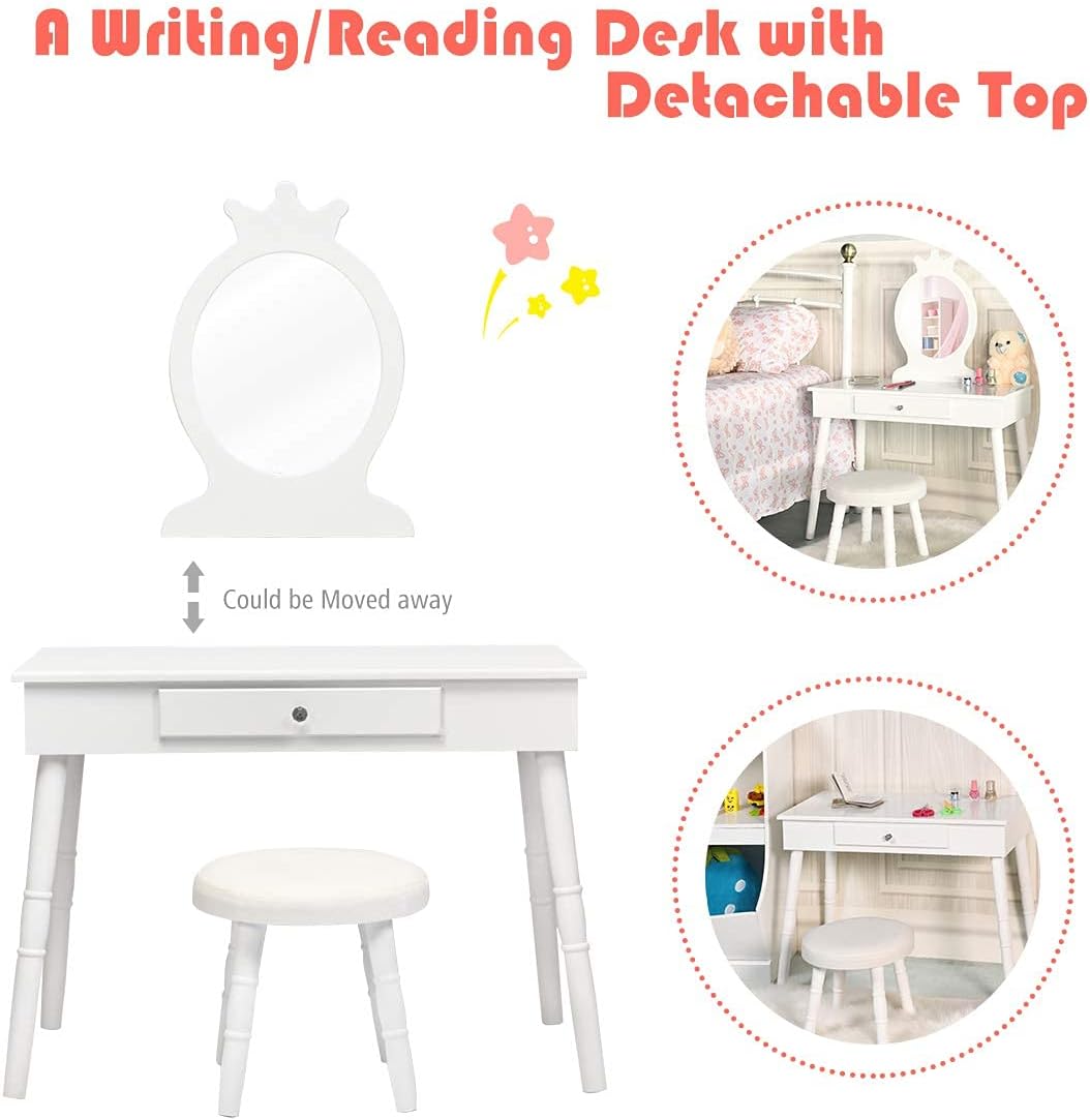 INFANS Kids Vanity Dressing Table & Stool Set, Wooden Pretend Play Dressing Table with Real Mirror, Drawer, Crown Shape Princess Makeup Dressing for Little Girls
