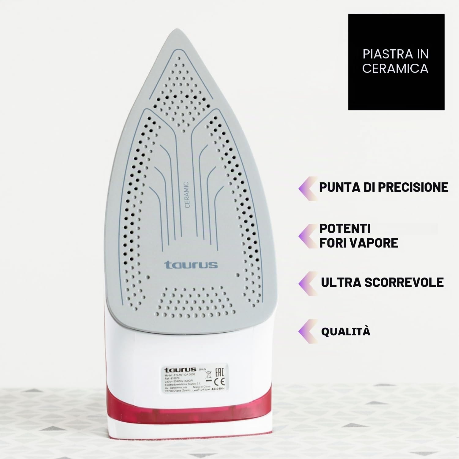 Taurus – Ferro da Stiro Atlantida 3000 | 3000W | Colpo Vapore 200g/min | Vapore Continuo 45g/min | Suola in Ceramica | Spray | Anticalcare Doppio | Autopulizia | Antigoccia