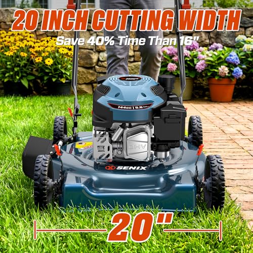 Image of SENIX 144 cc Gas Lawn Mower, 20 inch 4-Cycle Push Mower, Side Discharge, 5 Position Cutting Height Adjustment, Low Noise & Fuel-Efficient for Lawn, Yard and Garden (LSPG-L5)