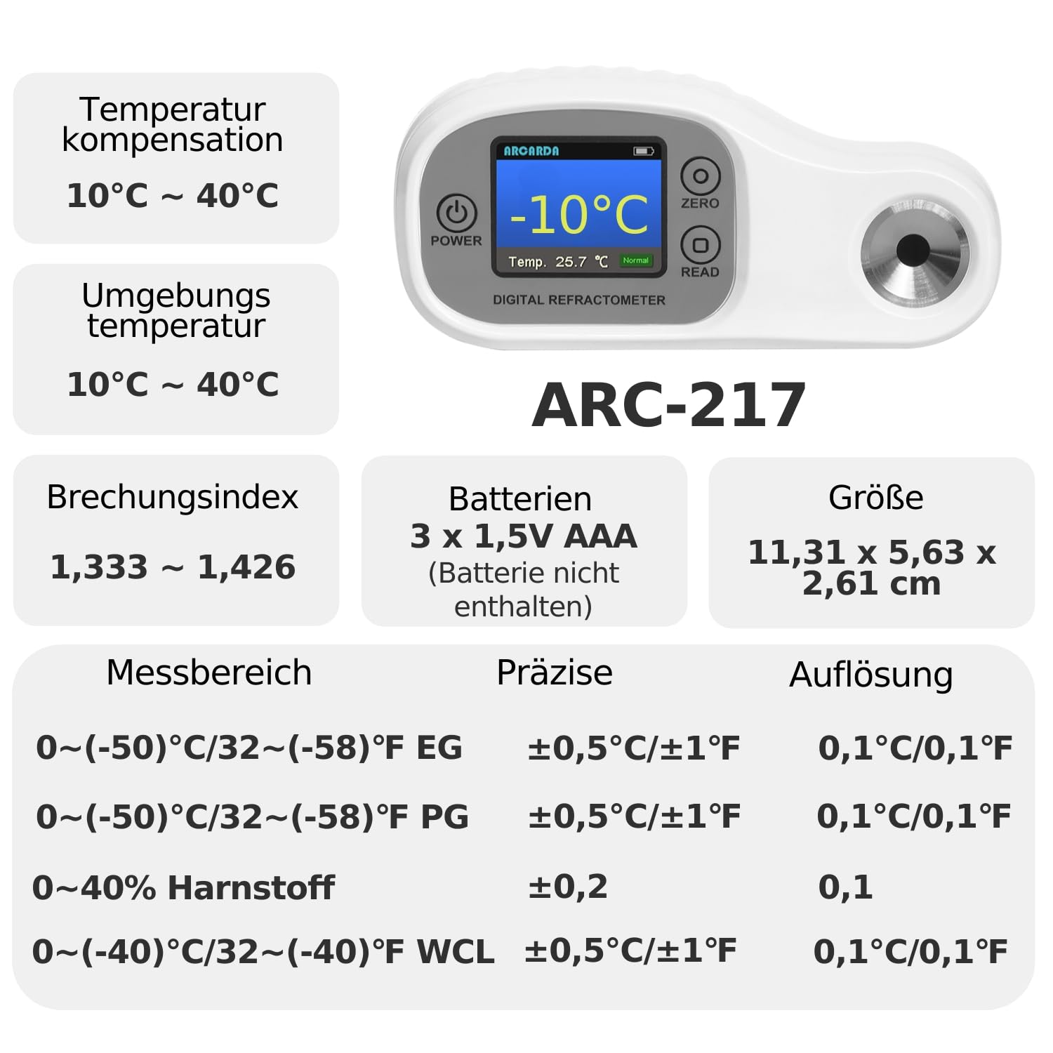 Digitales Refraktometer Kühlmittel Refraktometer Frostschutz Refraktometer DEF ATC EG 0 ~ (-50) °C / 32 ~(-58) °F, PG 0 ~ (-50) °C / 32 ~ (-58) °F, Harnstoff 0~40%, WCL 0 ~ (-40) °C / 32 ~ (-40) °F