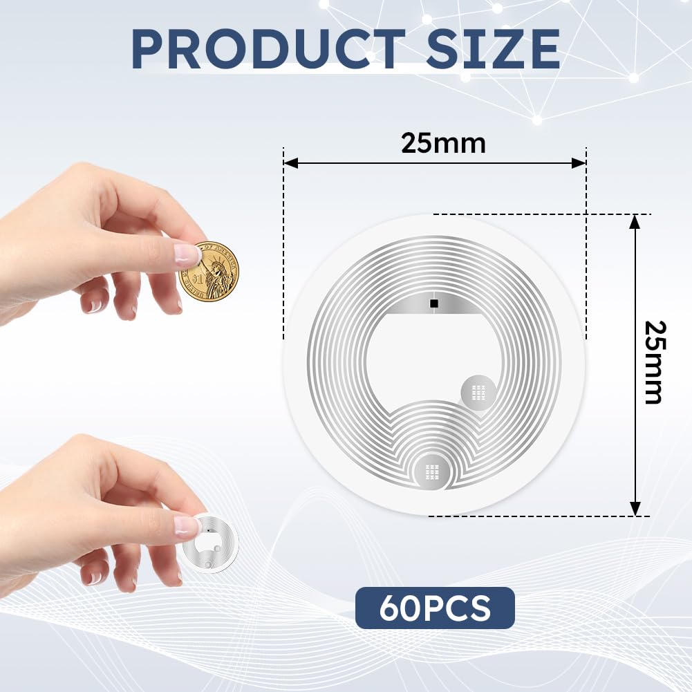 AXFEE 60 szt. znaczników NFC NTAG216, białe okrągłe naklejki NFC, średnica 25 mm, programowalne znaczniki NFC, pamięć RFID 888 bajtów, kompatybilna ze wszystkimi telefonami i urządzeniami