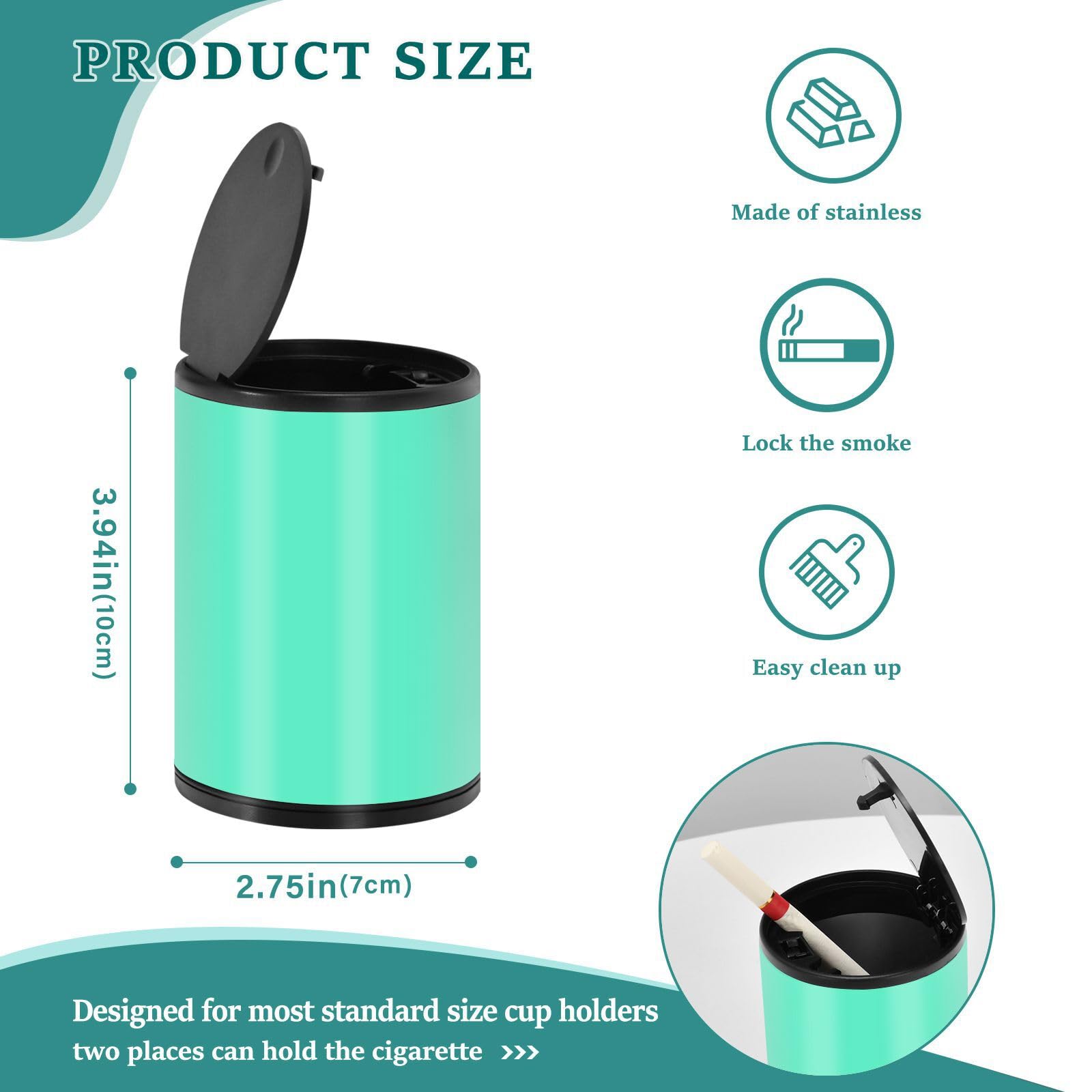 Mint Green Plain Ashtrays for Cigarettes for Car with Lid Smell Proof Stainless Steel Portable Smokeless Mini Trash Can Ash Trays with
