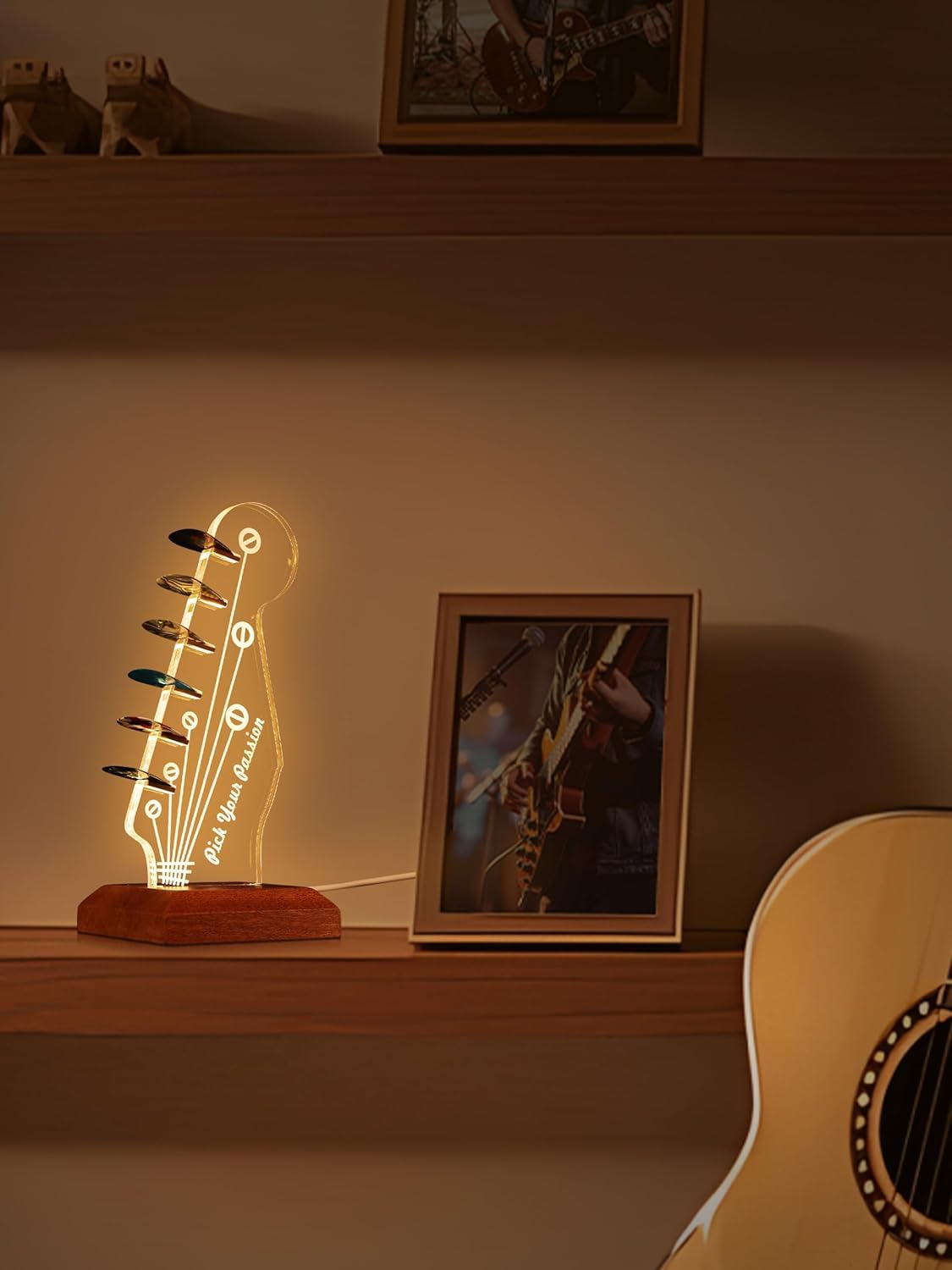 Light Up Guitar Pick Holder Acrylic Guitar Pick Display Acrylic Electric Guitar Headstock Shaped Pick Holder Guitar Pick Case Luminous Pick Storage Rack, For Music Lovers Guitar Players