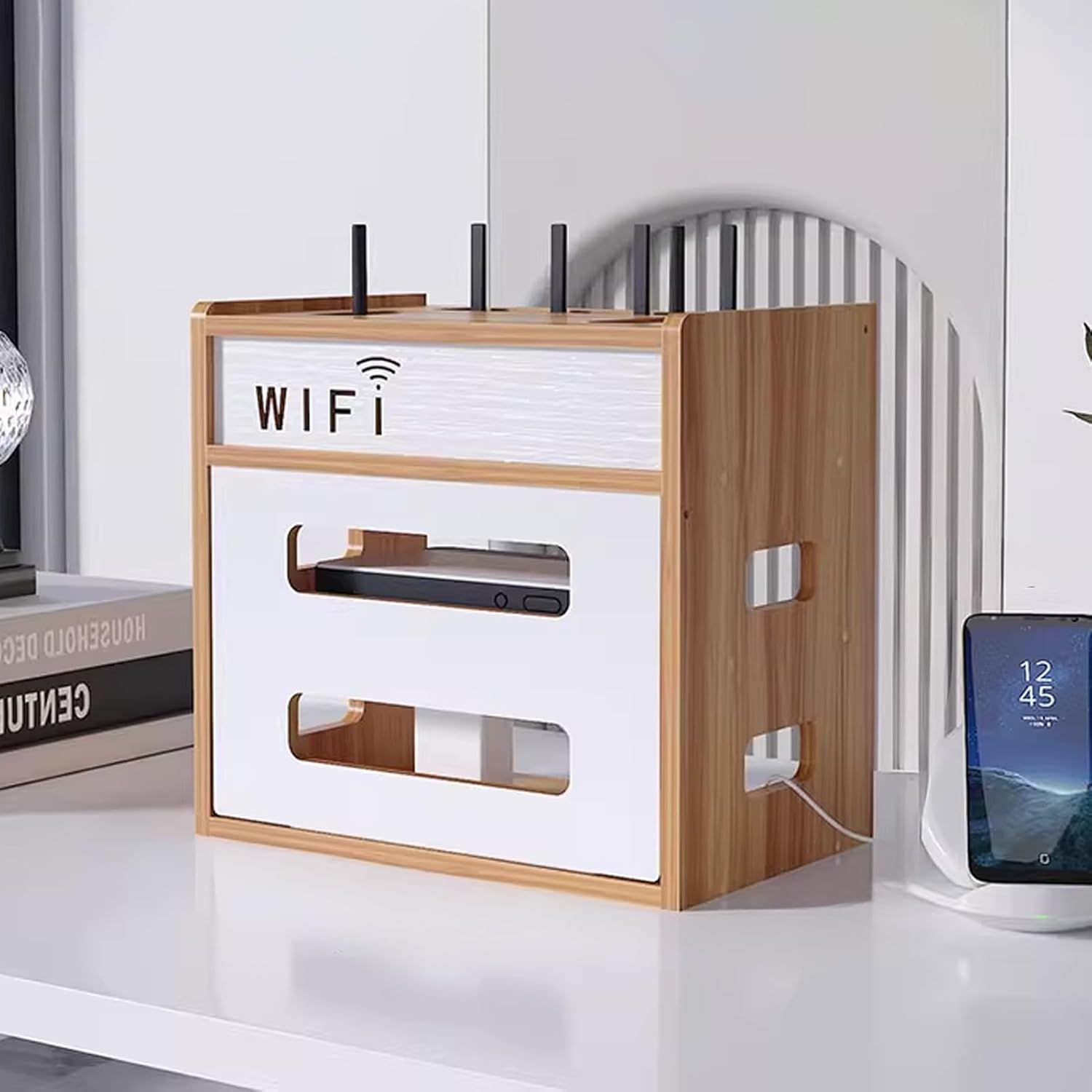 Router Shelf Wooden, Desktop WiFi Router Storage Box Modem Rack, Power Routers Cable Management Hider Box Organizer for Office and Home(Brown)