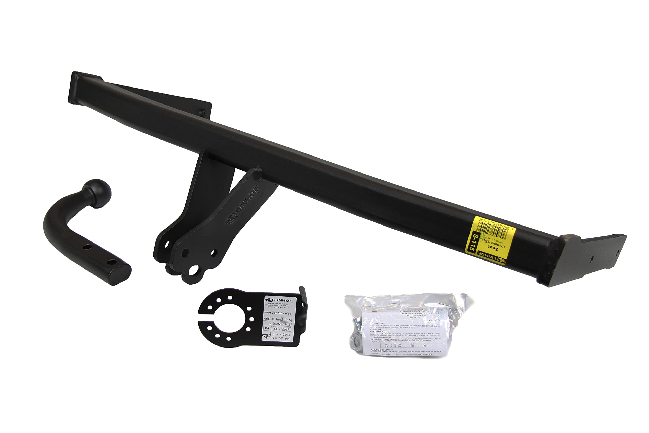 STEINHOF Kompletny hak holowniczy stały kompatybilny z Seat Cordoba Sedan 4-drz. 01.2003-2010 z 7-pinową uniwersalną wiązką elektryczną