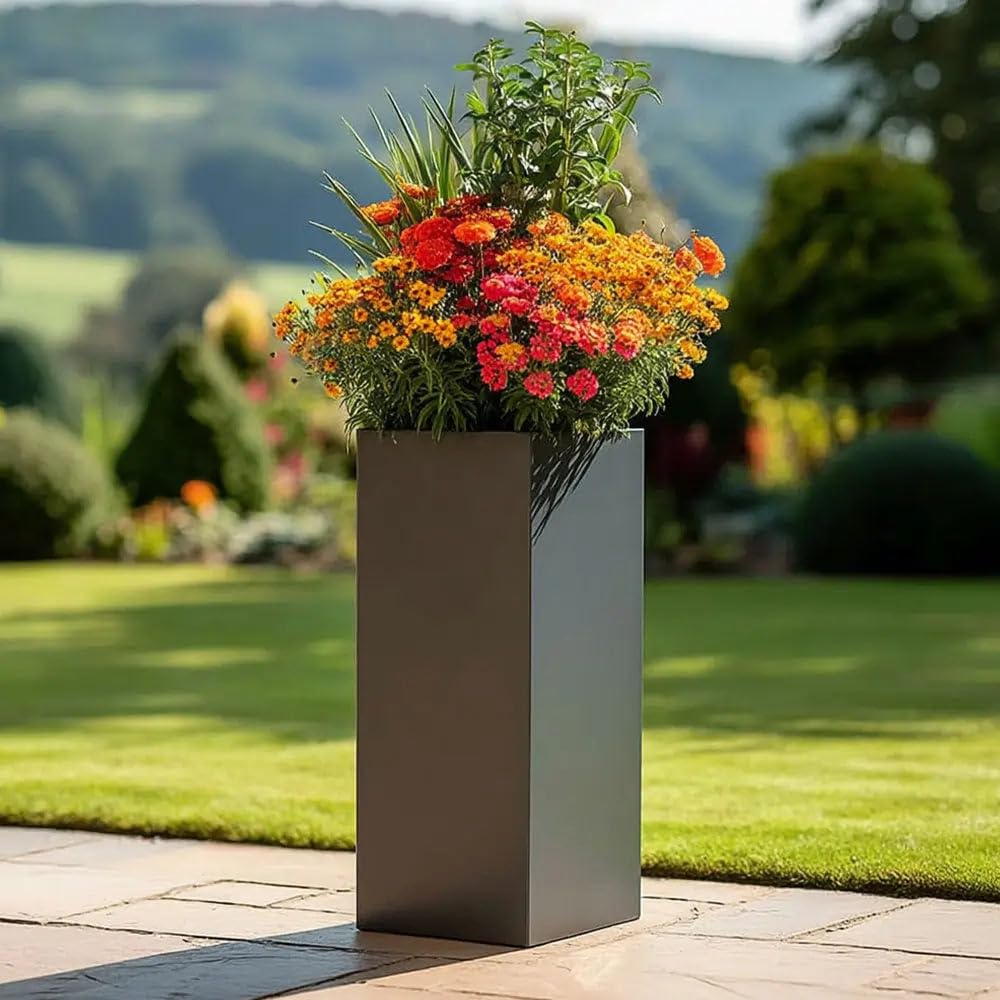 Tulipy Zinc Galvanised Tall Square Planter | No Assembly Needed | Lightweight (Matte Grey, L40cm x W40cm x H100cm)