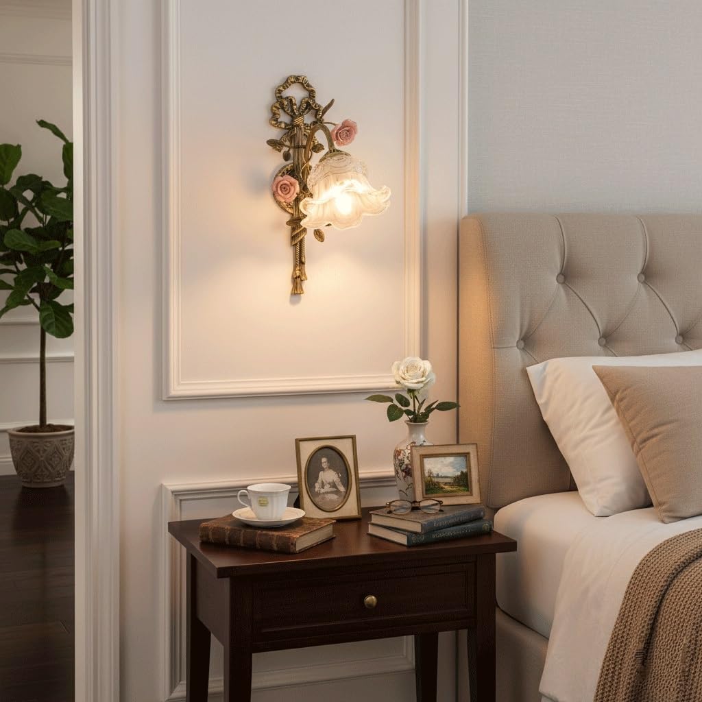 European Vintage Wall Sconce, Romantic Full Brass Lamp with Wall Light Ornate Ceramic Roses, Bell-Shaped Glass Shade & Embossed Wall Mount, Finish E14 Light Fixture for Bedroom(Milky White)