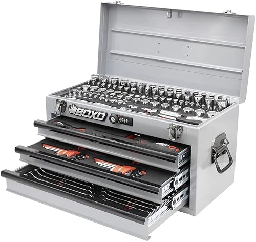 Miniatura 8 de BOXO USA Heavy Duty Toolbox 159 piezas métricas y SAE juego de herramientas de bloqueo con 3 cajones caja de transporte manual (negro)