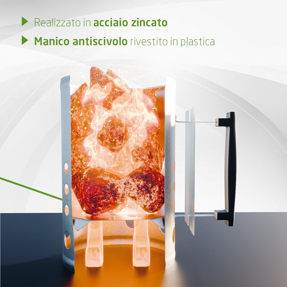 Amig - Accenditore per carbone Fireplus - Per barbecue - Realizzato in acciaio zincato - Impugnatura in plastica isolante dal calore - Dimensioni: 27 x 17,5 x 30 cm