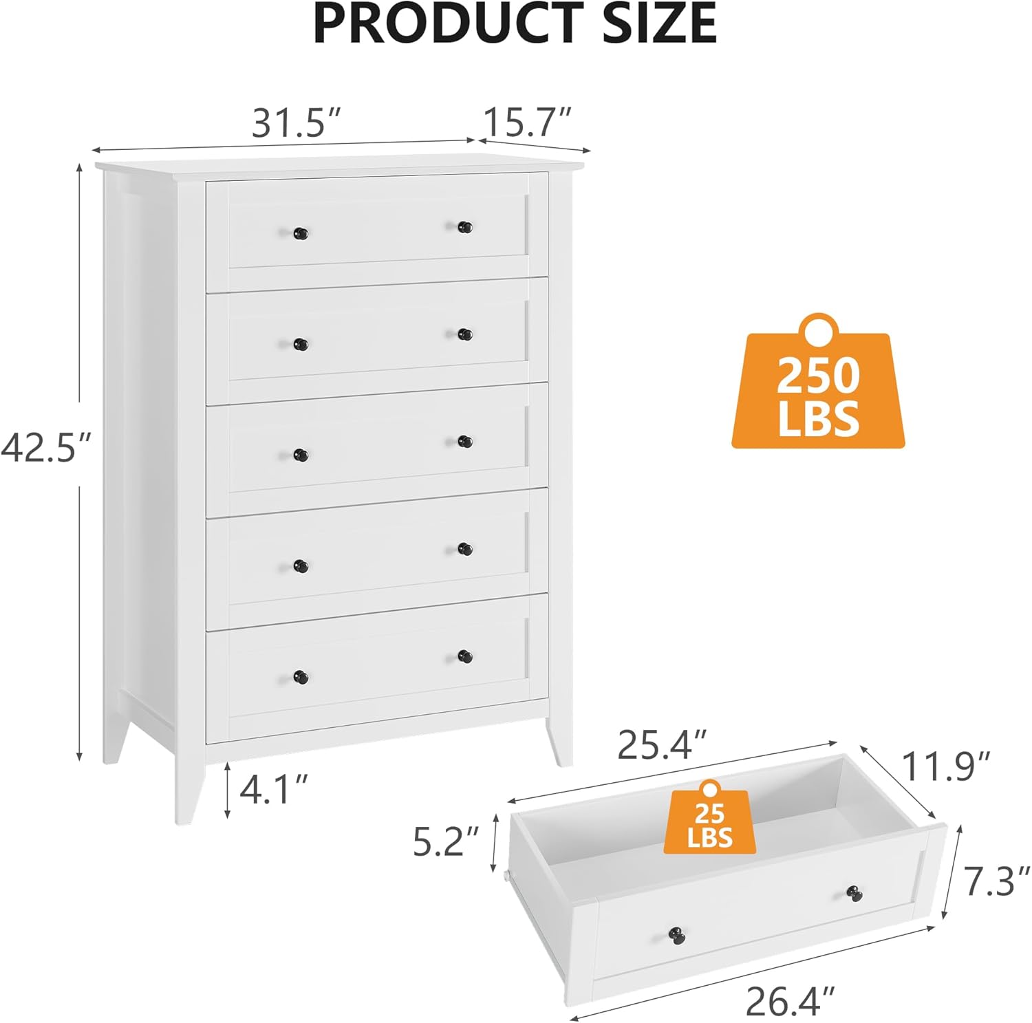 IDEALHOUSE 5 Chest of Drawer Dresser, Modern White Storage Organizer with Drawers for Bedroom, Living Room, Entryway, 42.5'' Tall - Image 2
