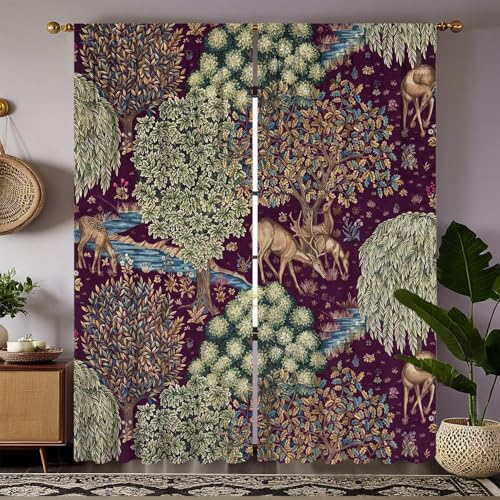 TOLTUQE Purple Forest Deer Tapestry Curtains, Vintage Woodland Scene Drapes