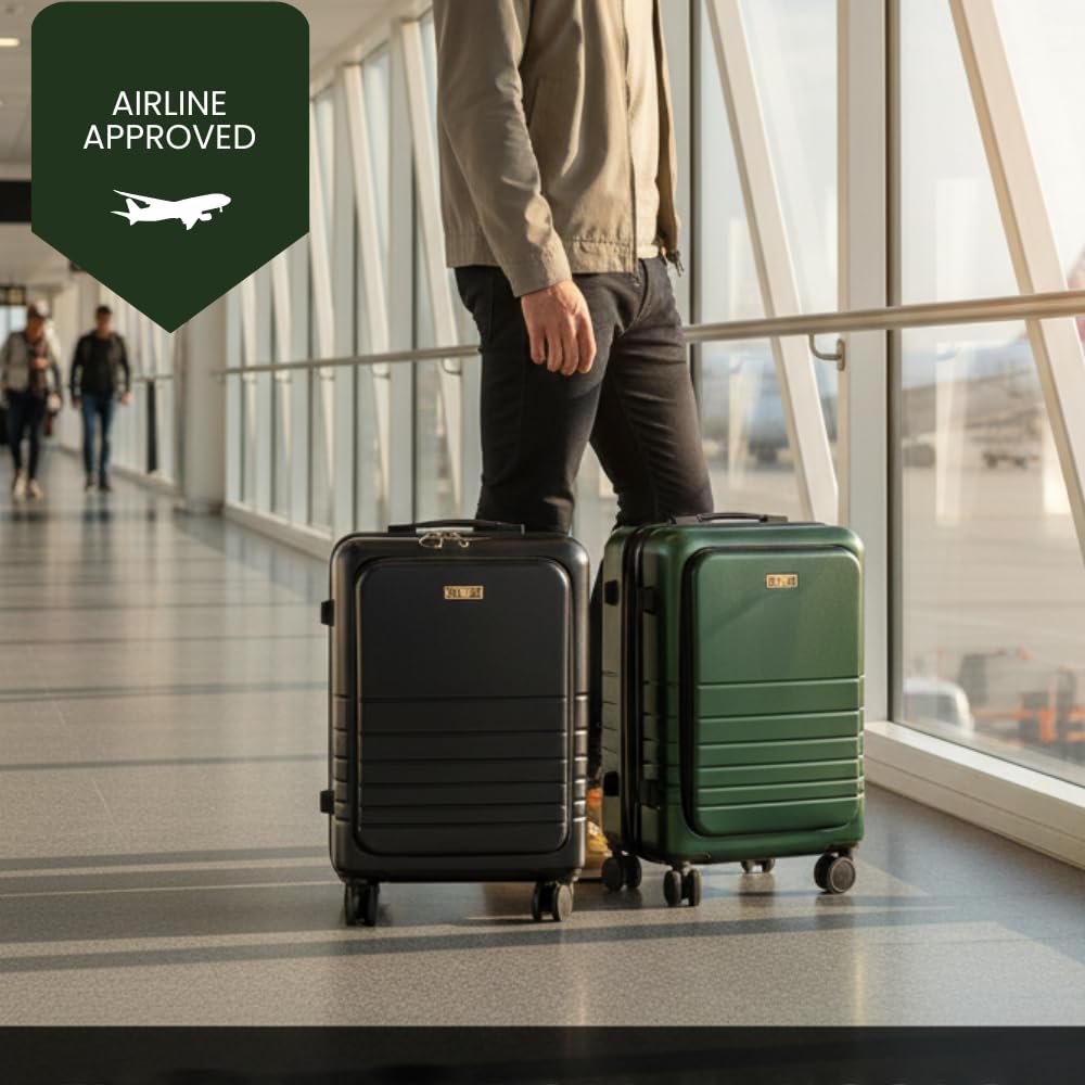 Fagoza Hardside - Equipaje de mano aprobado por aerolíneas de 22 x 14 x 9 pulgadas con bolsillo frontal, puerto de carga USB y portavasos, Negro, 22x14x9, Equipaje de mano abierto frontal rígido PC