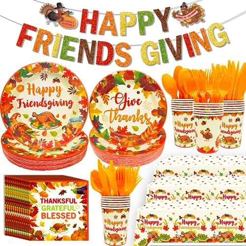 189Pcs Thanksgiving Party Supplies Thanksgiving Plates And Napkins Thanksgiving Plates Disposable Happy Friendsgiving Banner for Thanksgiving Decorations Friendsgiving Decorations