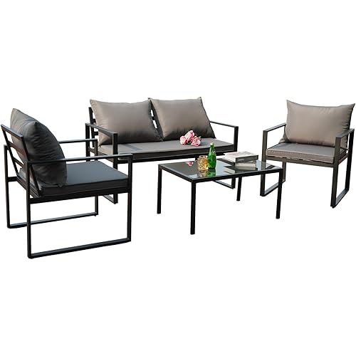 Homsido Patio Furniture Set,Metal Outdoor Chairs Set of 4,Garden Porch Balcony Furniture Set,Patio Conversation Furniture Set for Backyard w/Coffee Table, Seat Cushions(Gray Cushions)