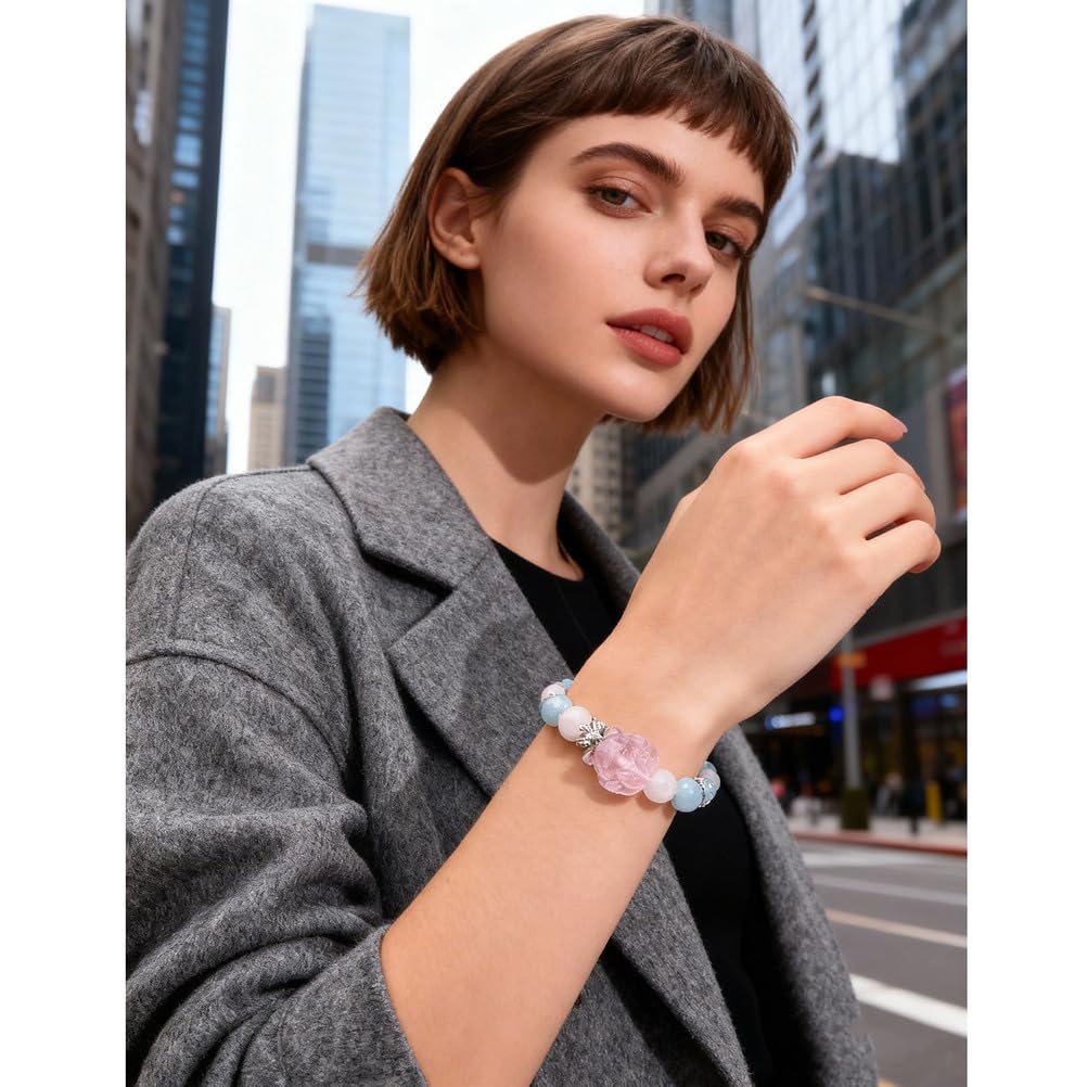 Bracciale con Acquamarina curativa Naturale al Quarzo Rosa, bracciali Elasticizzati con Pietre preziose autentiche per Donne Uomini Unisex, Cristalli di energia Naturale Perline