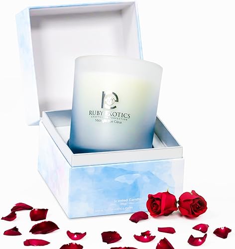 Vela de soja natural cítrica azul medianoche con aromaterapia relajante, rojo tangering + hoja de laurel + cardamomo + flores de frambuesa + bayas