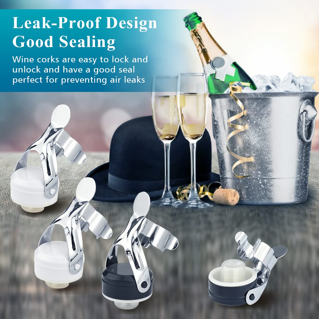 4 Tapones Universal para Conservar Cava y Vino Champagne, Antigoteo Mantiene el Fresco 10 Días