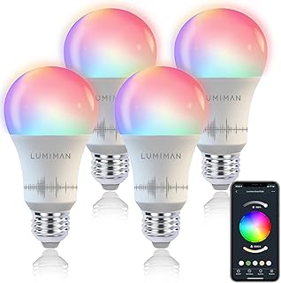 LUMIMAN WiFi Smart Light Bulbs A19 LED Color Changing Light Bulb That Work with Alexa Google Home E26 2700K-6500K Dimmable RGB Lights 800 LM 7.5W 60W Eqv. No Hub Required 4 Pack