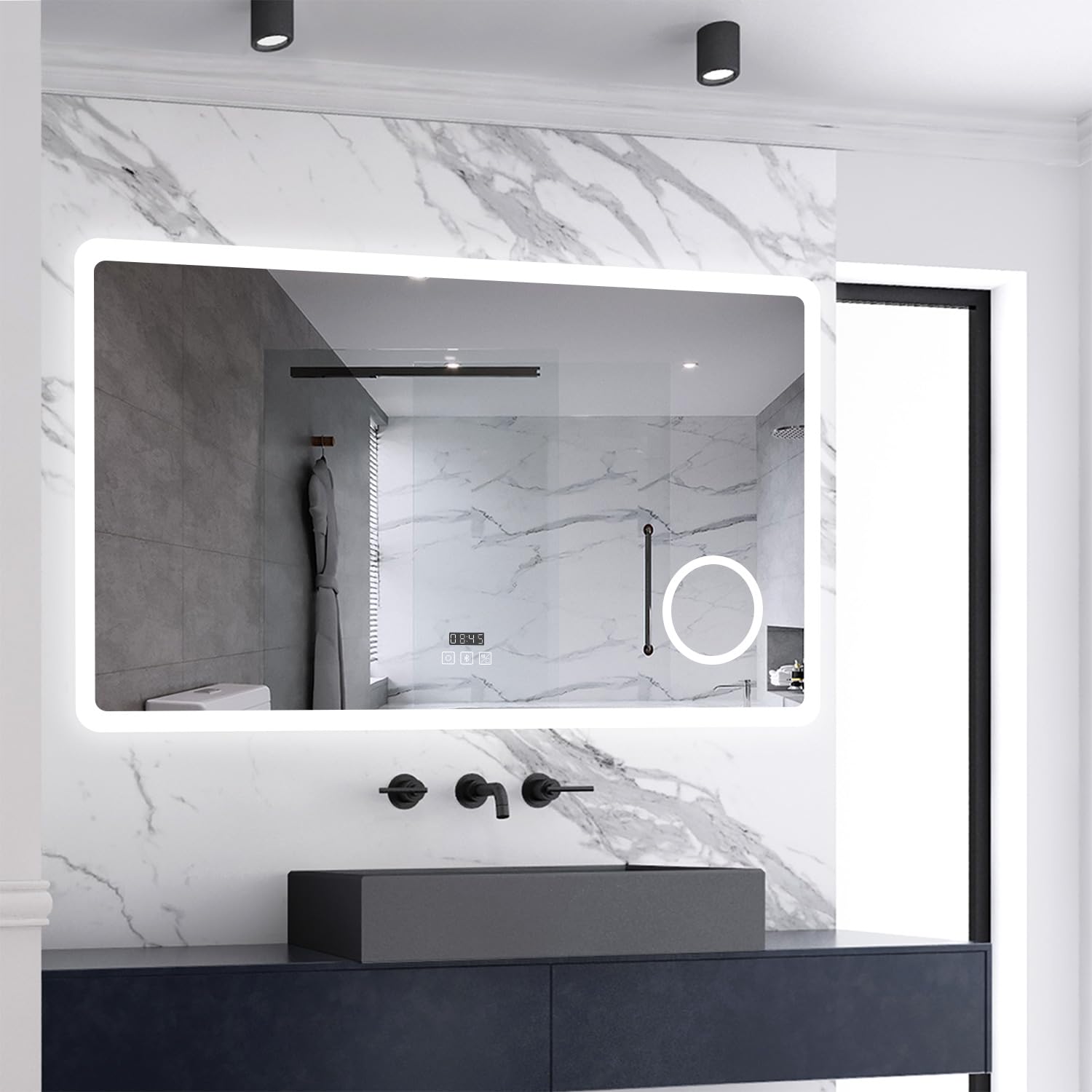 Skybathroom 120x70cm LED Bathroom Mirror with Bluetooth and Magnifier,3 Colors Dimmable Light,Adjustable Brightness,with Digital LED Clock,Fogless,Memory Function