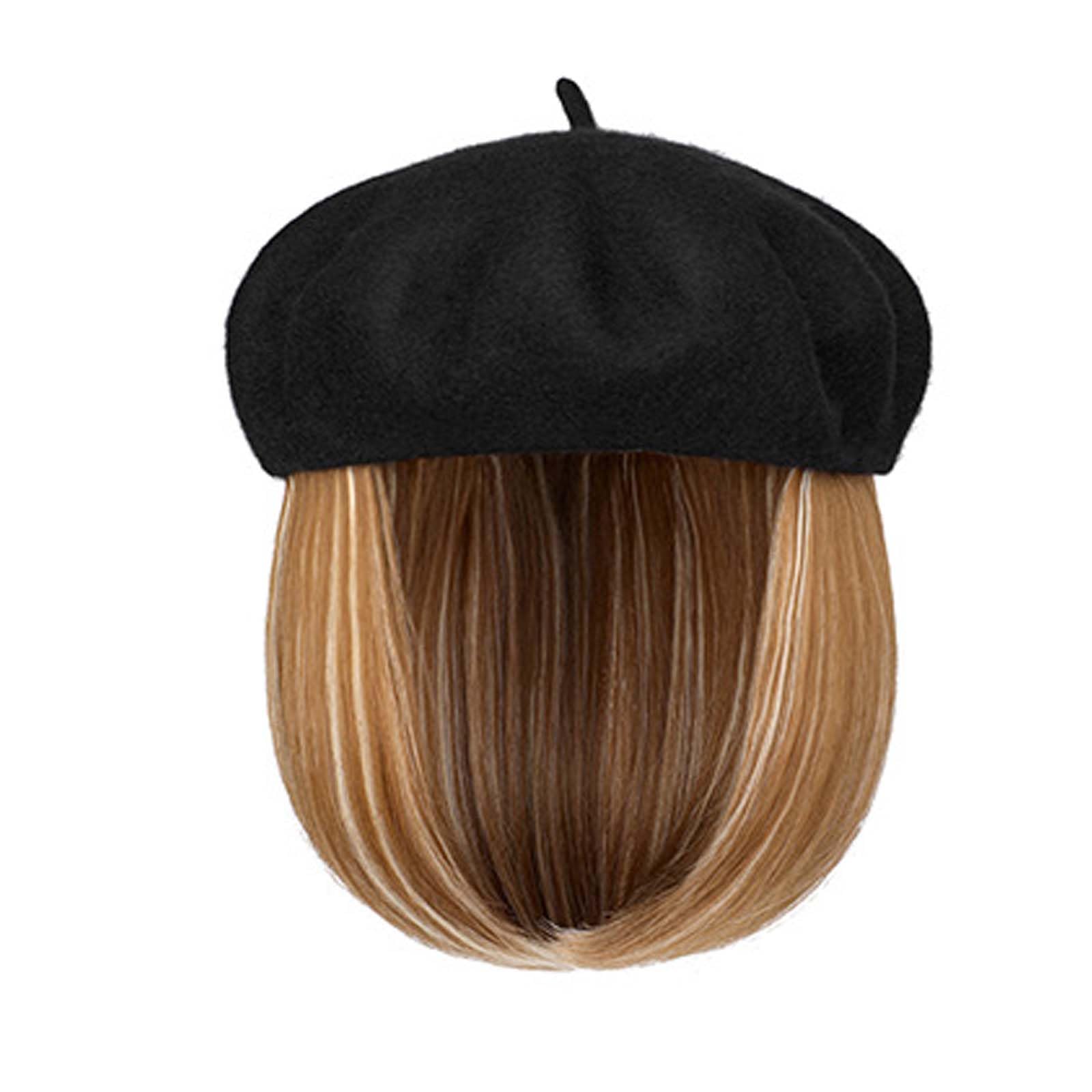 WUODHTW Hat Wig Beret Hat with Hair Extensions Classic French Wool Hat Straight Short Bob Hairpiece Women Bob Wig Hats