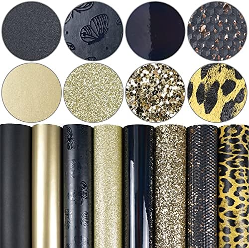 8 Pieces 8x12 Inch (21cm x 30cm) Faux Leather Sheets Mixed Black Red Series Holographic Daisy Fine Chunky Glitter Butterfly Leopard Pattern Faux Leather Fabric for Leather Bow Earring Making