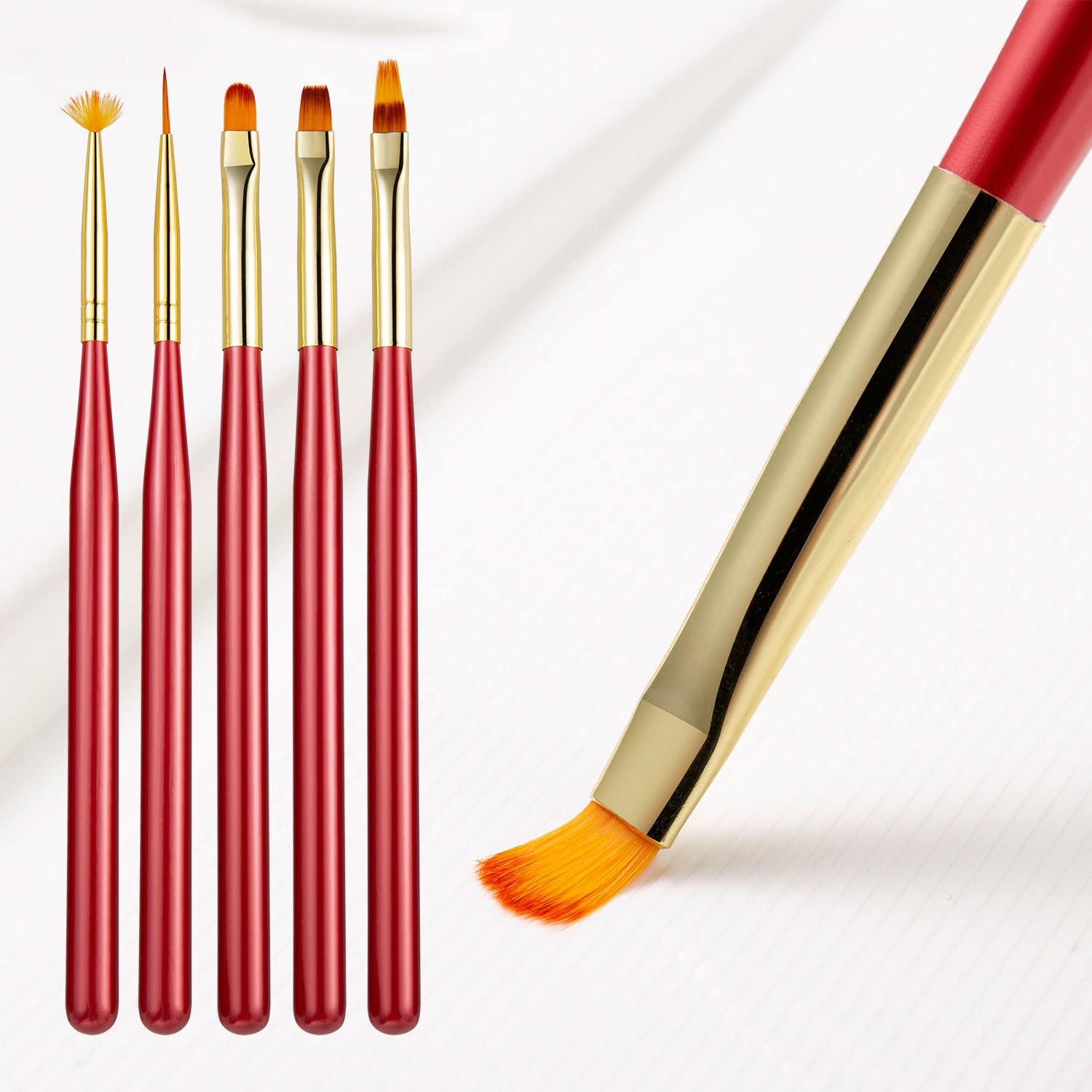 Pennelli per Pittura ad Olio, 5 Pezzi Pennello per Estensione Gel Rosso Pennello per Nail Art Liner per Manicure Strumenti di Pittura per Disegno (Rosso 5 Pezzi)