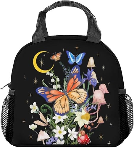 Lonchera de mariposa para niñas y mujeres, bolsas de almuerzo reutilizables aisladas con asa - Pequeña lonchera negra linda para niños - Ideal para disponible en Yaxa Peru