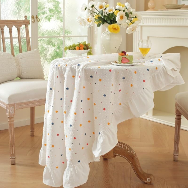 HAIRUO Cotton Linen White Tablecloth Farmhouse Polka Dot Table Cover for Wedding Parties Kitchen Picnic Home Decor (White,Round, 70")