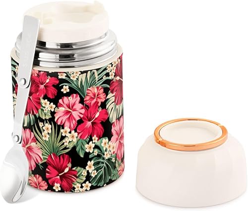 Exotic Hawaiian Tropical Hibiscus Food Jar with Spoon Stainless Steel Vacuum Insulated Food Container 17 oz Soup Thermos for Hot Food
